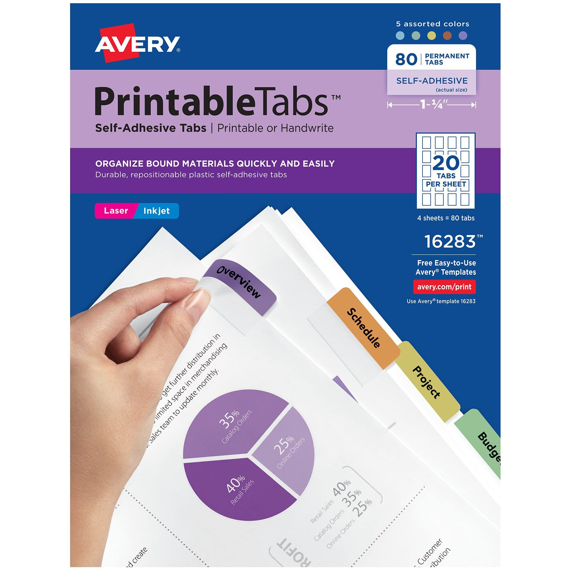 Avery Printable Self-Adhesive Plastic Tabs, 1-3/4"", Repositionable Adhesive, Assorted Colors, Pack Of 80 (16283)