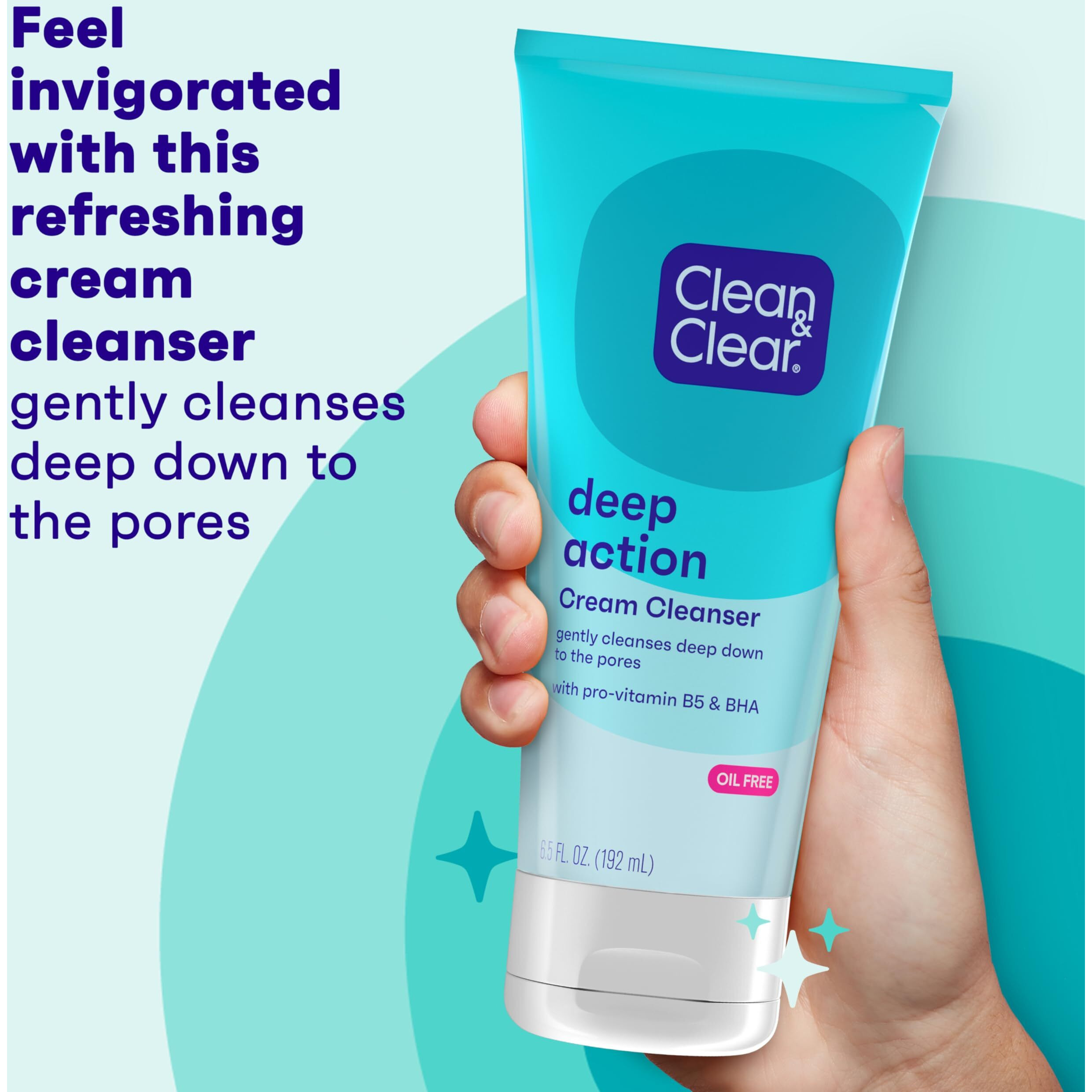 Clean & Clear Oil-Free Deep Action Cream Facial Cleanser, Cooling Daily Face Wash For Deep Pore Cleansing Of Acne-Prone Skin, 6.5 Oz (Pack Of 2)