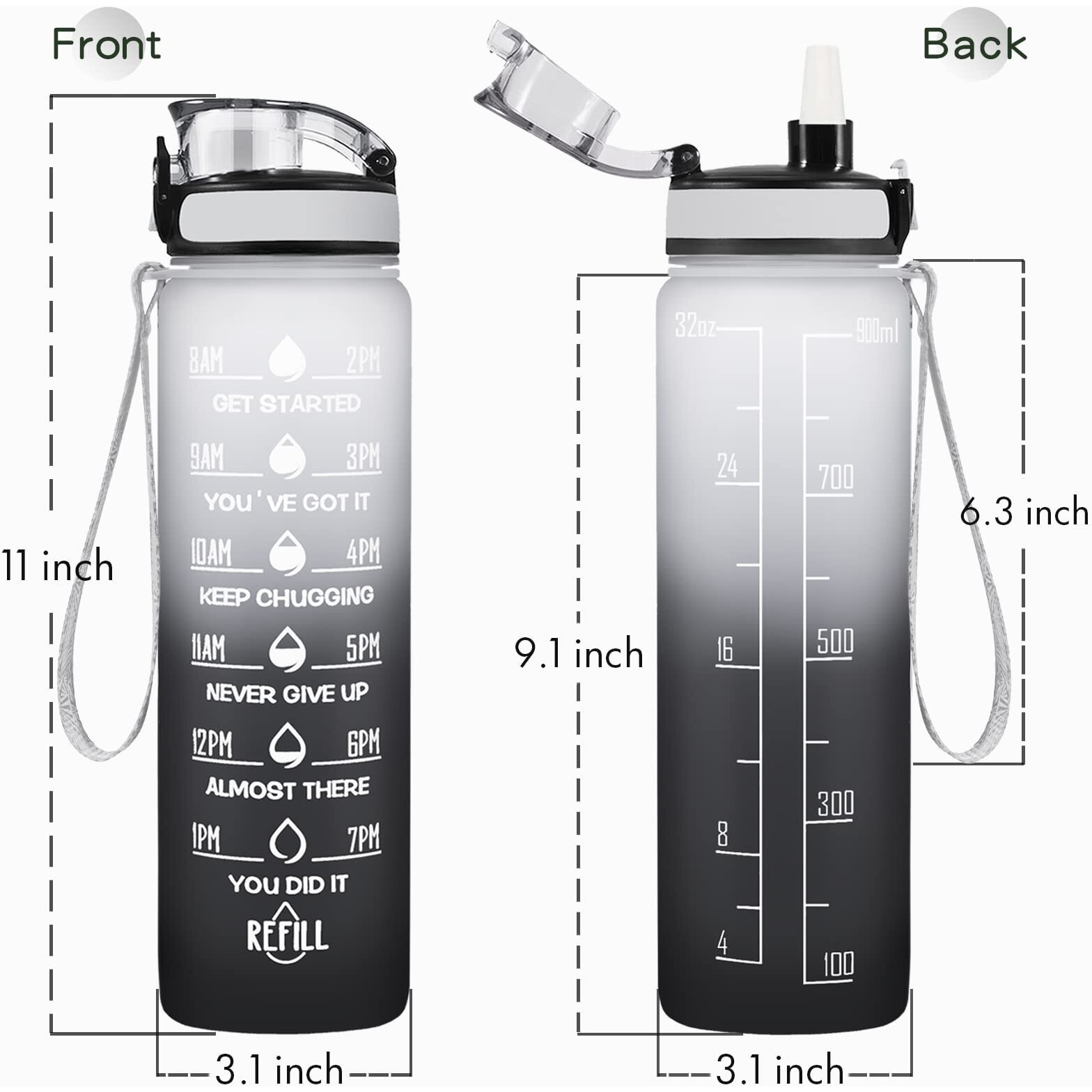 Enerbone 32 Oz Water Bottle, Leakproof Bpa & Toxic Free, Motivational Water Bottle With Times To Drink And Straw, Fitness Sports Water Bottle With Strap For Office, Gym, Outdoor Sports, Gray-Black