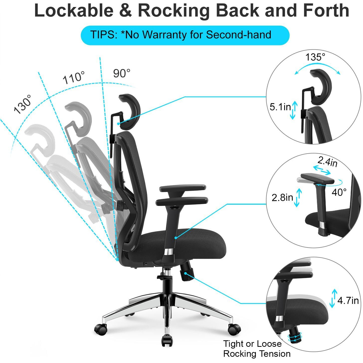 Ticova Ergonomic Office Chair - High Back Desk Chair With Adjustable Lumbar Support & 3D Metal Armrest - 130Reclining & Rocking Mesh Computer Chair With Thick Seat Cushion & Rotatable Headrest