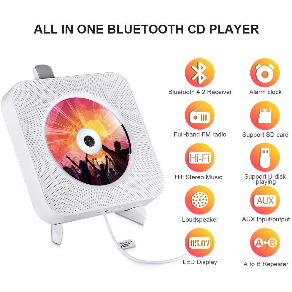 Portable Cd Player With Bluetooth, Qoosea Wall Mountable Cd Players Music Player Home Audio Boombox With Remote Control Fm Radio Built-In Hifi Speakers Lcd Display Mp3 Headphone Jack Aux Input Output