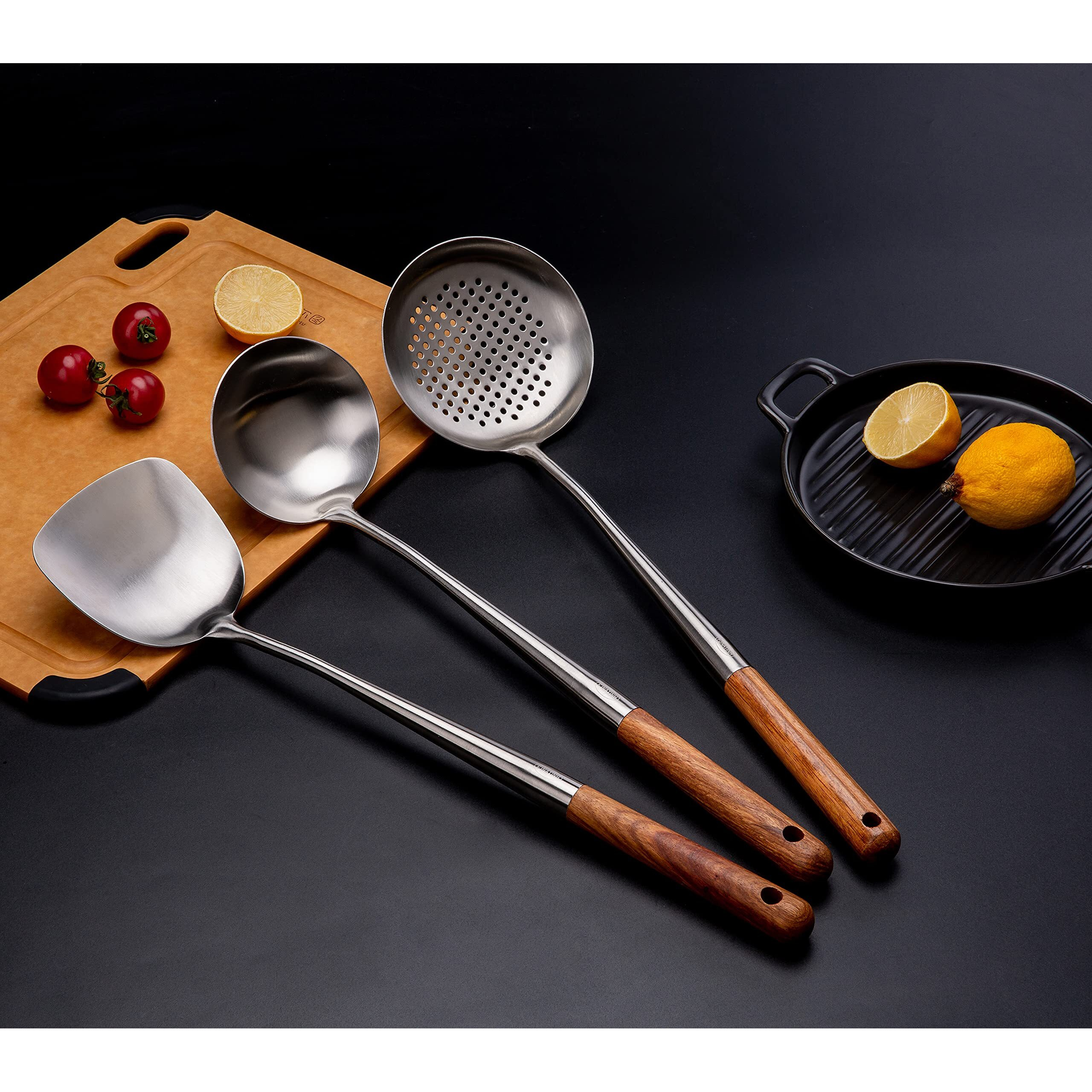 Fjnatinh 304 Stainless Steel Kitchen Utensils Set (Walnut Handle - 3 Pieces Set)