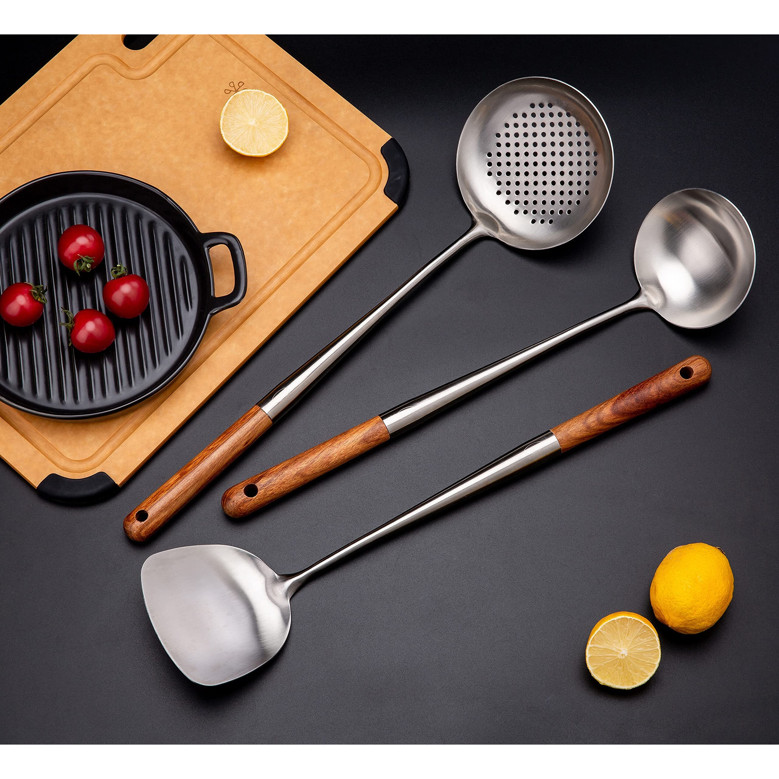 Fjnatinh 304 Stainless Steel Kitchen Utensils Set (Walnut Handle - 3 Pieces Set)