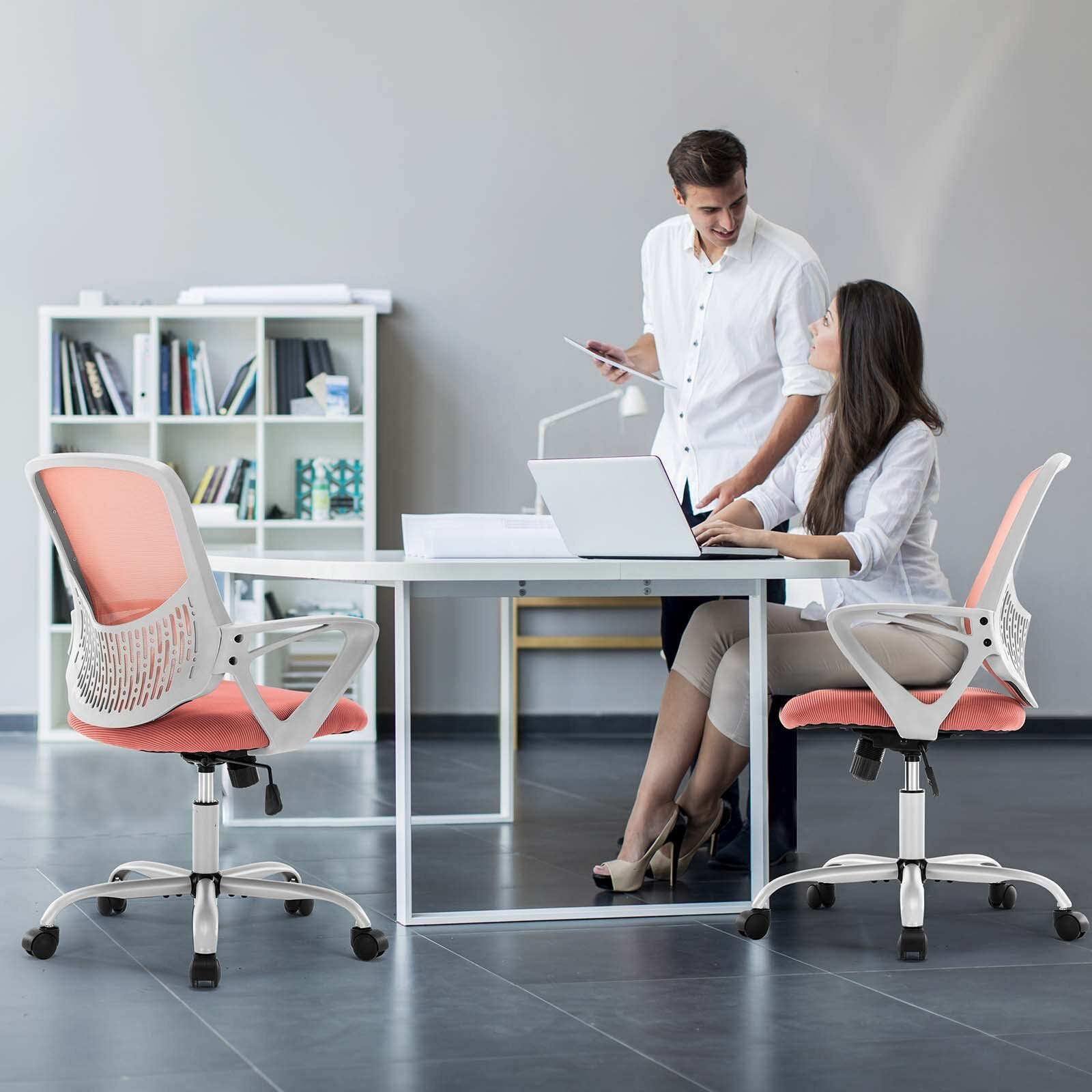Mcq Home Office Ergonomic Computer Height Adjustable Swivel Mesh Chair With Fixed Armrests And Soft Lumbar Support, Pink