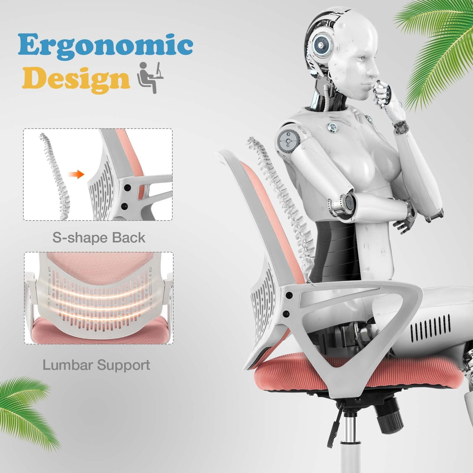 Mcq Home Office Ergonomic Computer Height Adjustable Swivel Mesh Chair With Fixed Armrests And Soft Lumbar Support, Pink