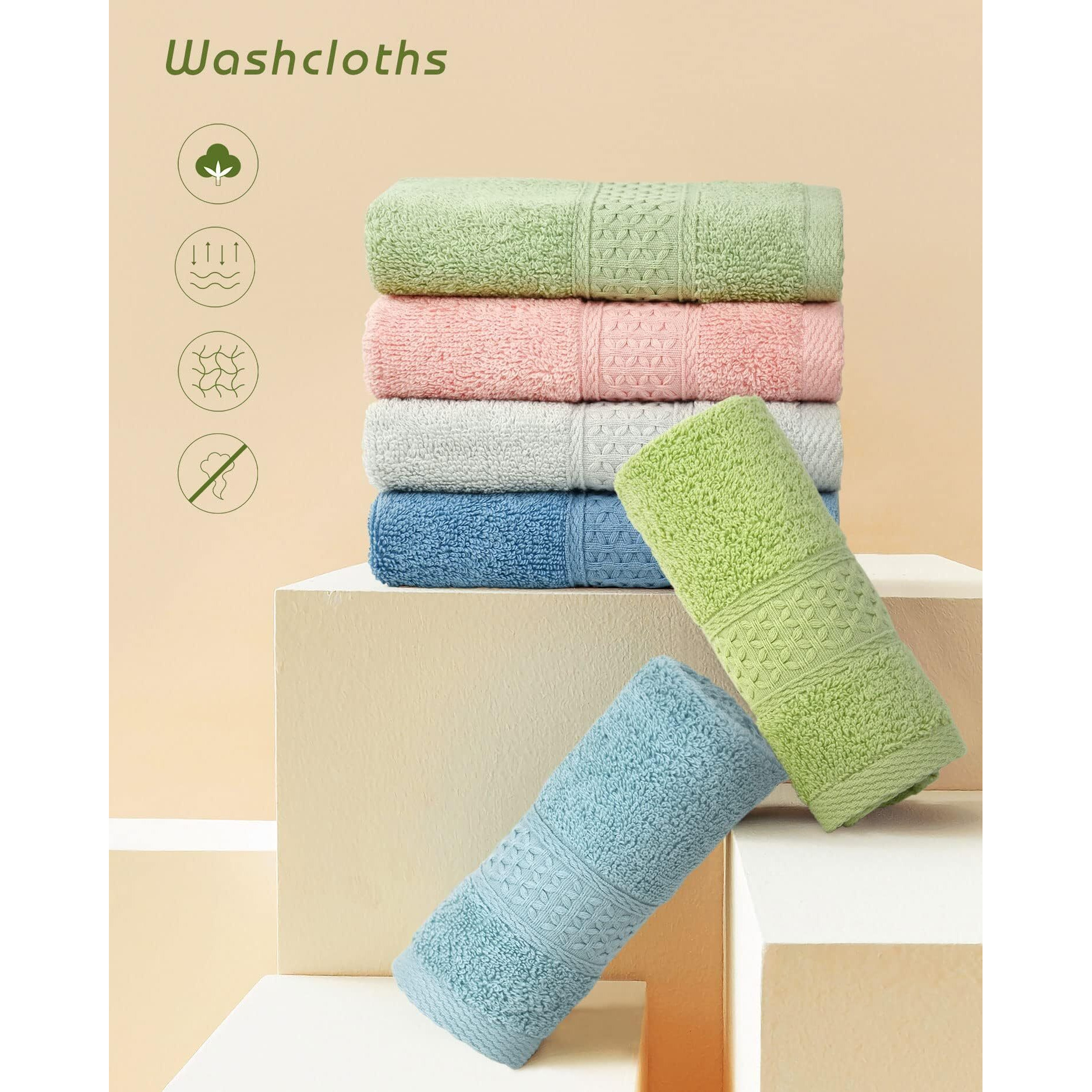Cleanbear Pure Cotton Wash Cloths Face Cloths, 6 Colors Per Set, 13 X 13 Inches (Light Blue, Jade Green, Light Green, Grey, Light Grey, Pink)