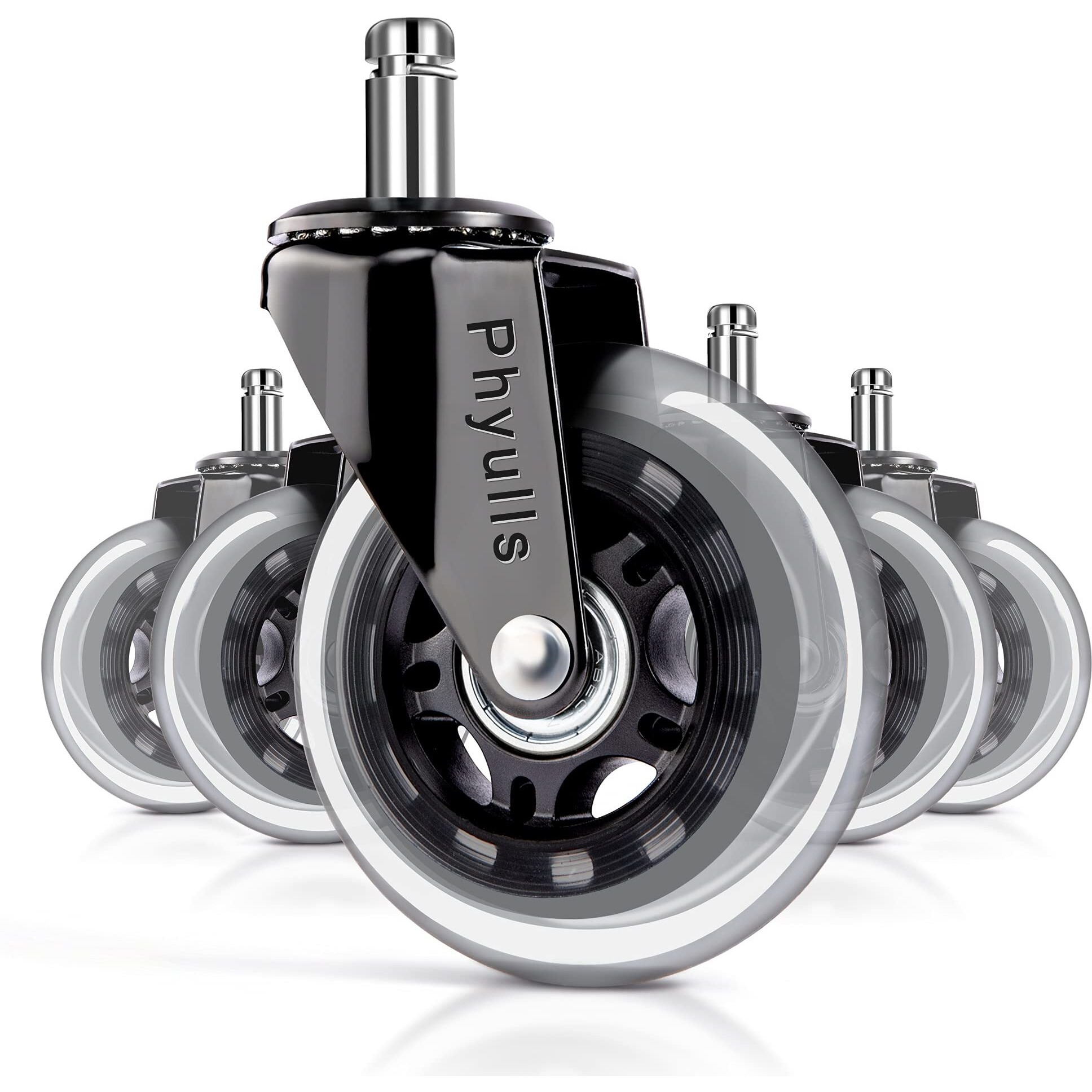 Office Chair Caster Wheels - 3"" Rollerblade Replacement Rubber Chair Casters - Set Of 5, Best Protection For Hardwood Floors And Carpet No More Chair Mat Needed - Universal Fit, Smooth & Silent