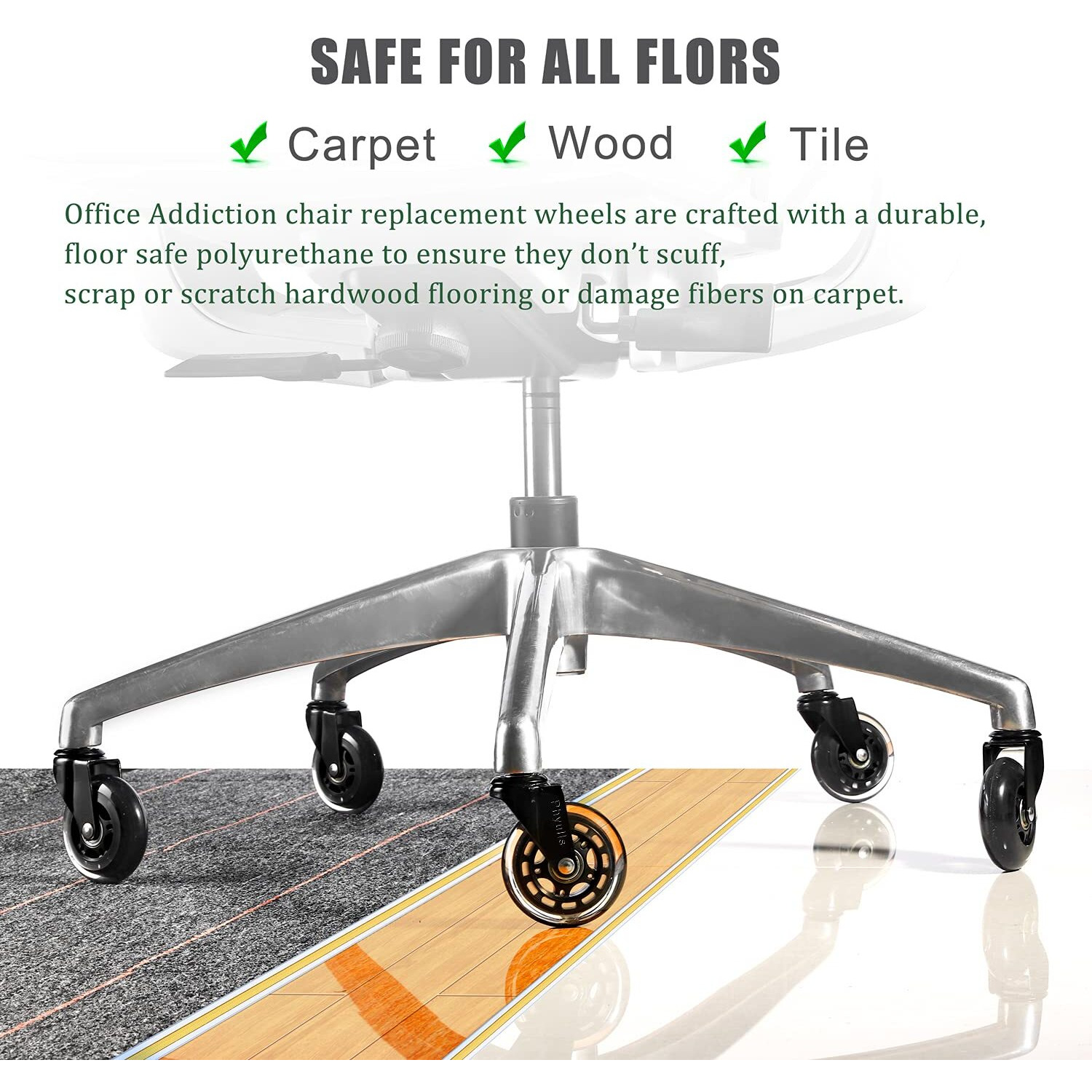 Office Chair Caster Wheels - 3"" Rollerblade Replacement Rubber Chair Casters - Set Of 5, Best Protection For Hardwood Floors And Carpet No More Chair Mat Needed - Universal Fit, Smooth & Silent