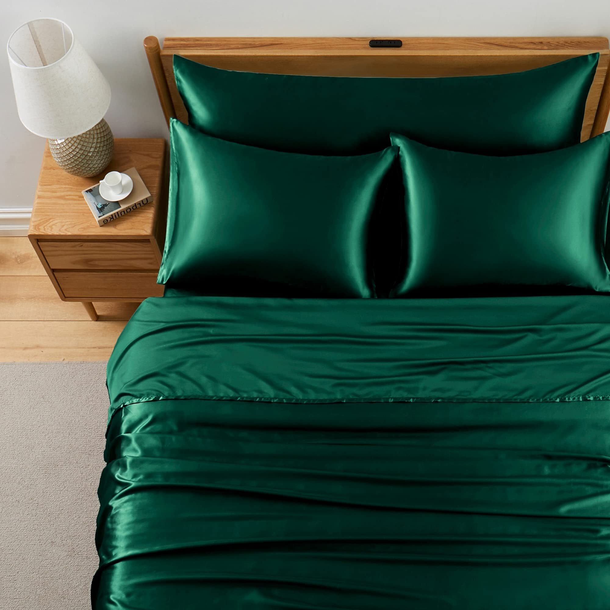 Entisn 5Pcs Silky Satin Queen Size Bed Blackish Green Luxury Bedding Sets, Breathable & Ultra Soft Sheets Set Includes 1 Fitted Sheet, 1 Flat Sheet, 3 Pillowcases