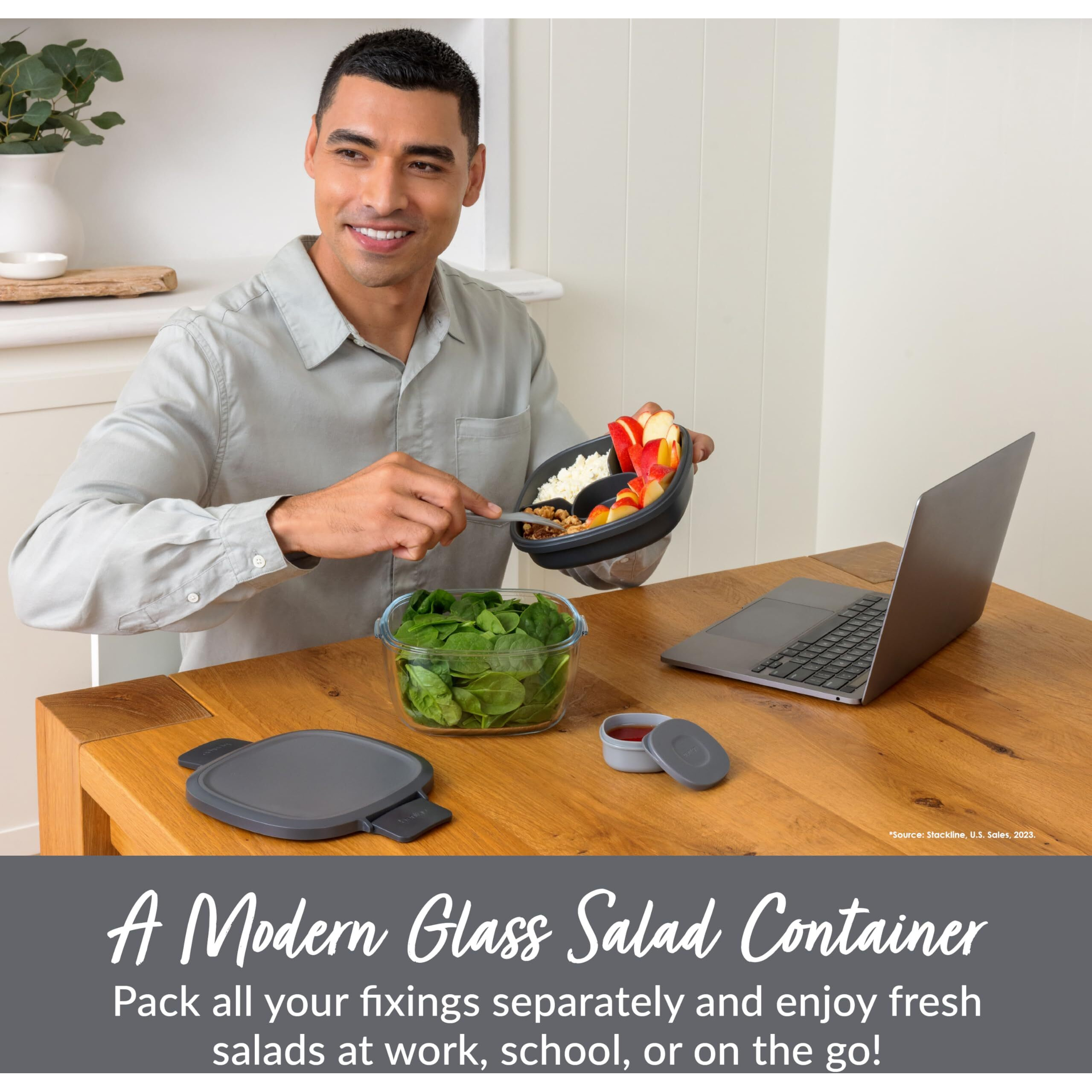Bentgo Glass All-In-One Salad Container - Large 61-Oz Salad Bowl With Lid, 4-Compartment Bento-Style Tray, 3-Oz Sauce Container, And Reusable Fork - Dishwasher, Microwave, And Oven Safe (Dark Gray)