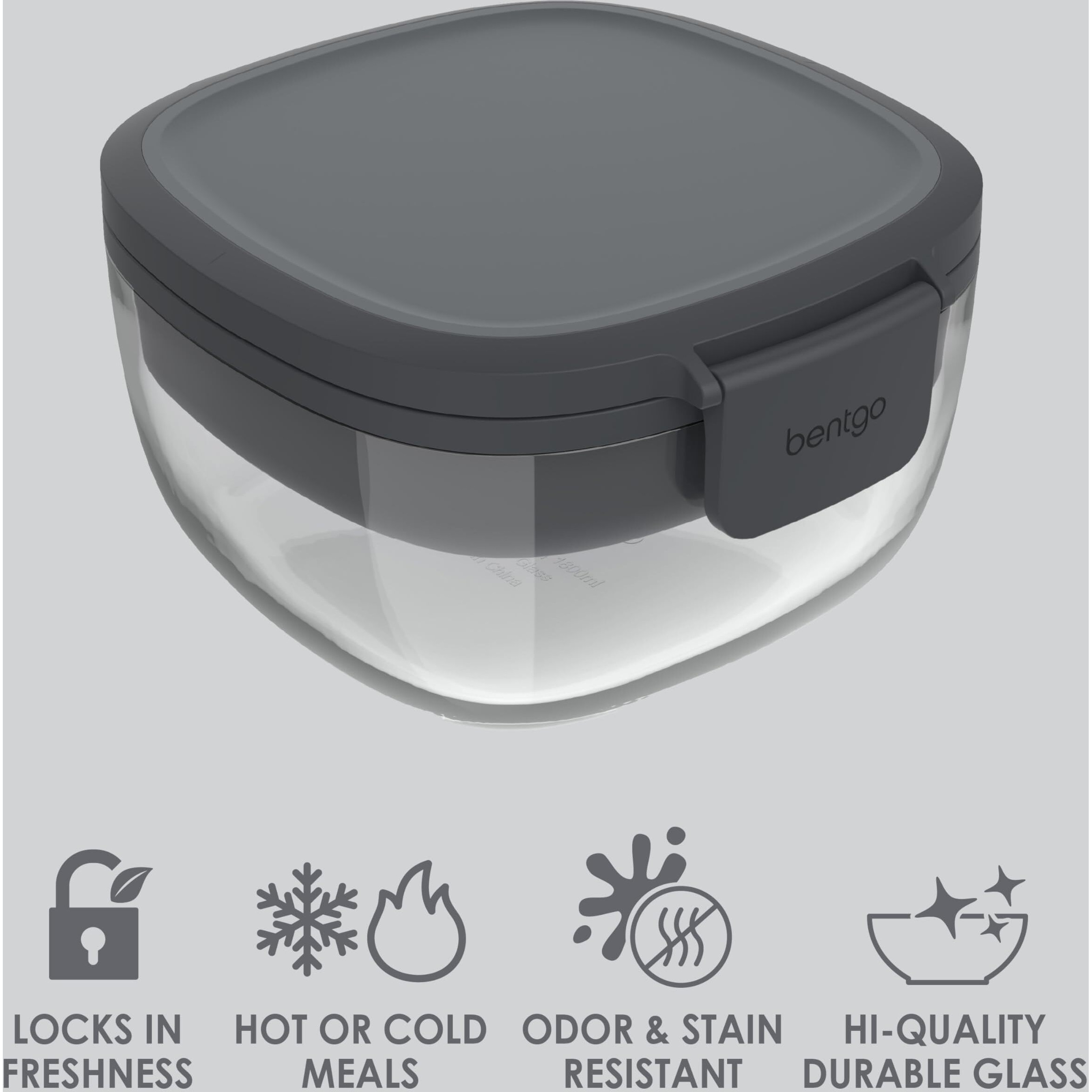 Bentgo Glass All-In-One Salad Container - Large 61-Oz Salad Bowl With Lid, 4-Compartment Bento-Style Tray, 3-Oz Sauce Container, And Reusable Fork - Dishwasher, Microwave, And Oven Safe (Dark Gray)
