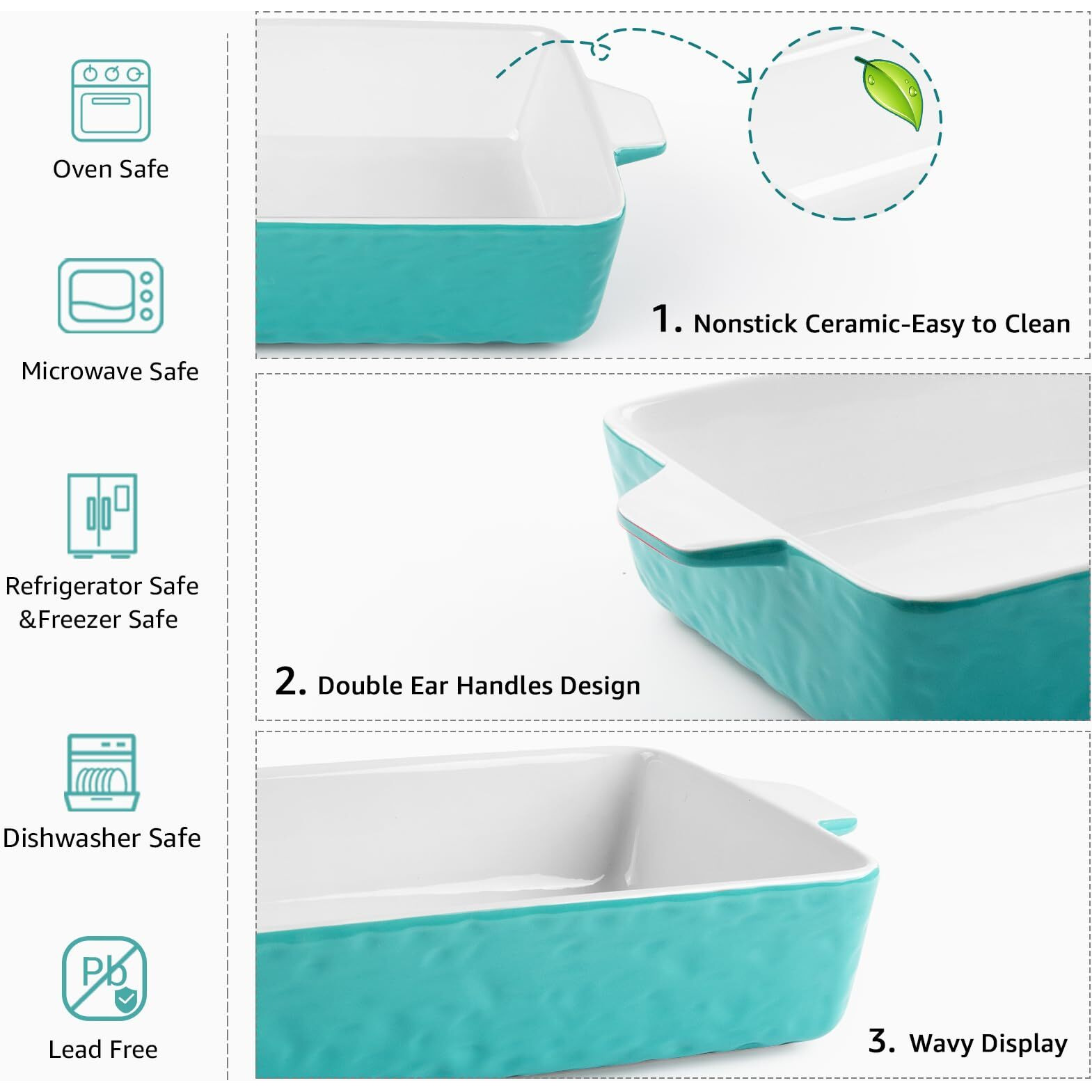 Krokori Ceramic Baking Dish, Casserole Dish For Oven, Lasagna Pan Deep, 9X13 Baking Pan With Handles, Porcelain Bakeware For Lasagna, Baking, Cooking, Kitchen, Daily Use, Wedding Gift (Aquamarine)