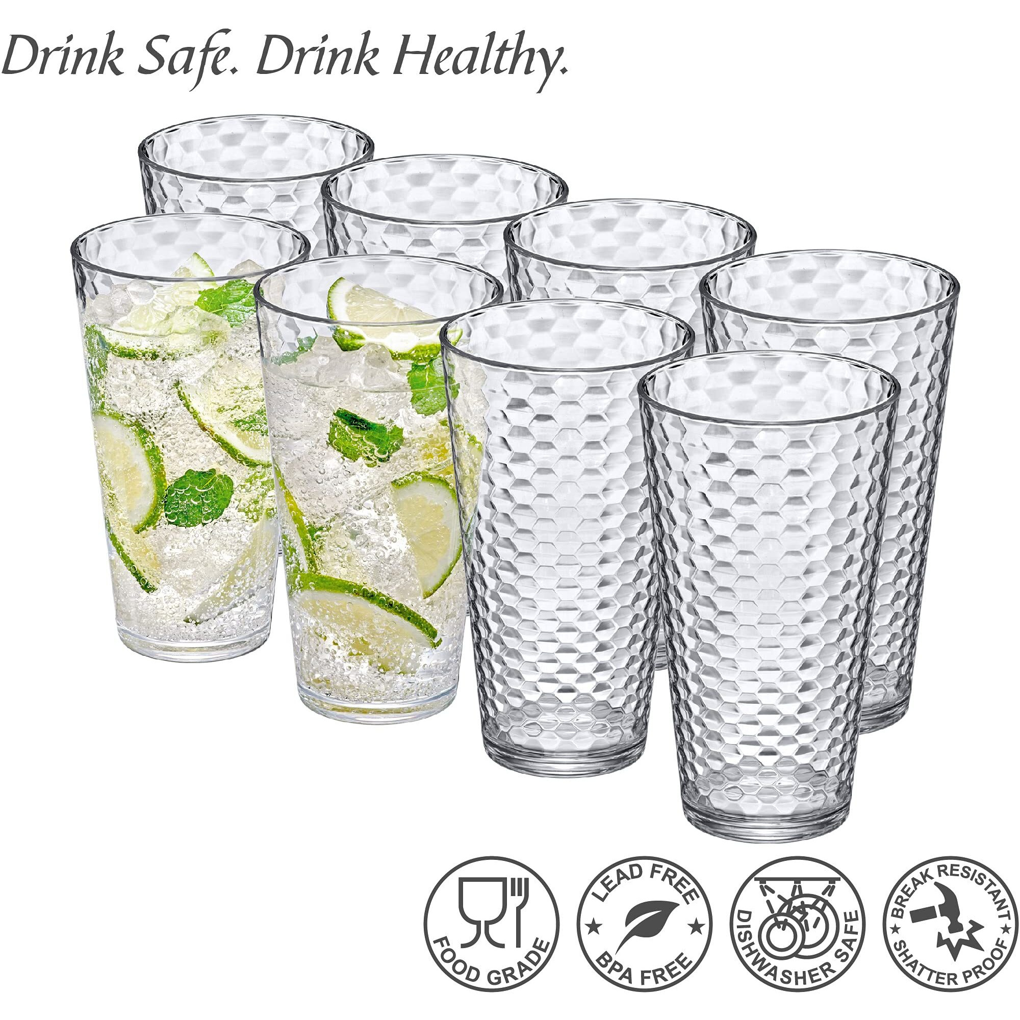 Amazing Abby - Snowflake - 24-Ounce Plastic Tumblers (Set Of 8), Plastic Drinking Glasses, All-Clear Reusable Plastic Cups, Stackable, Bpa-Free, Shatter-Proof, Dishwasher-Safe