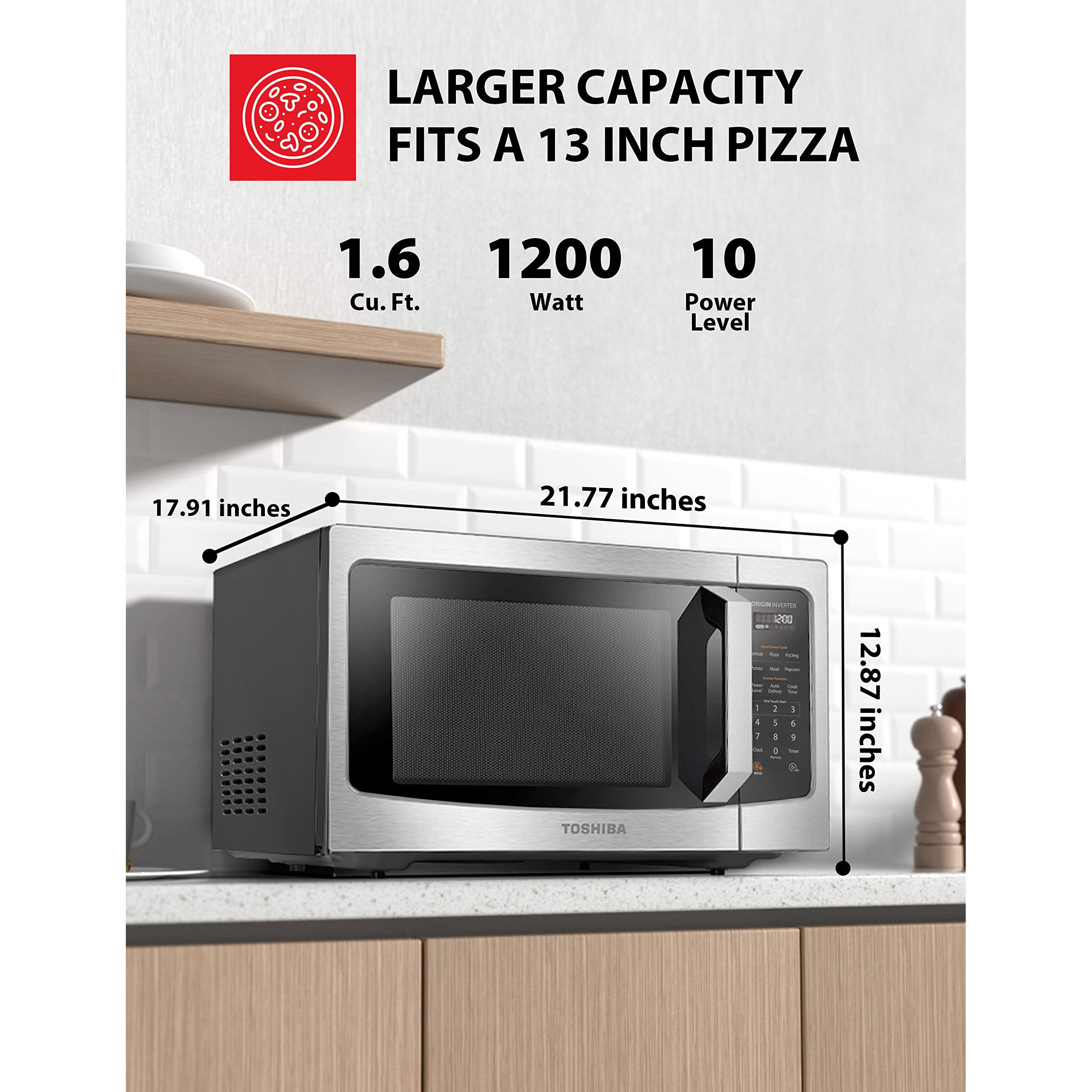 Toshiba Ml-Em45Pit(Ss) Countertop Microwave Oven With Inverter Technology, Kitchen Essentials, Smart Sensor, Auto Defrost, 1.6 Cu.Ft, 13.6"" Removable Turntable, 33Lb.&1250W, Stainless Steel