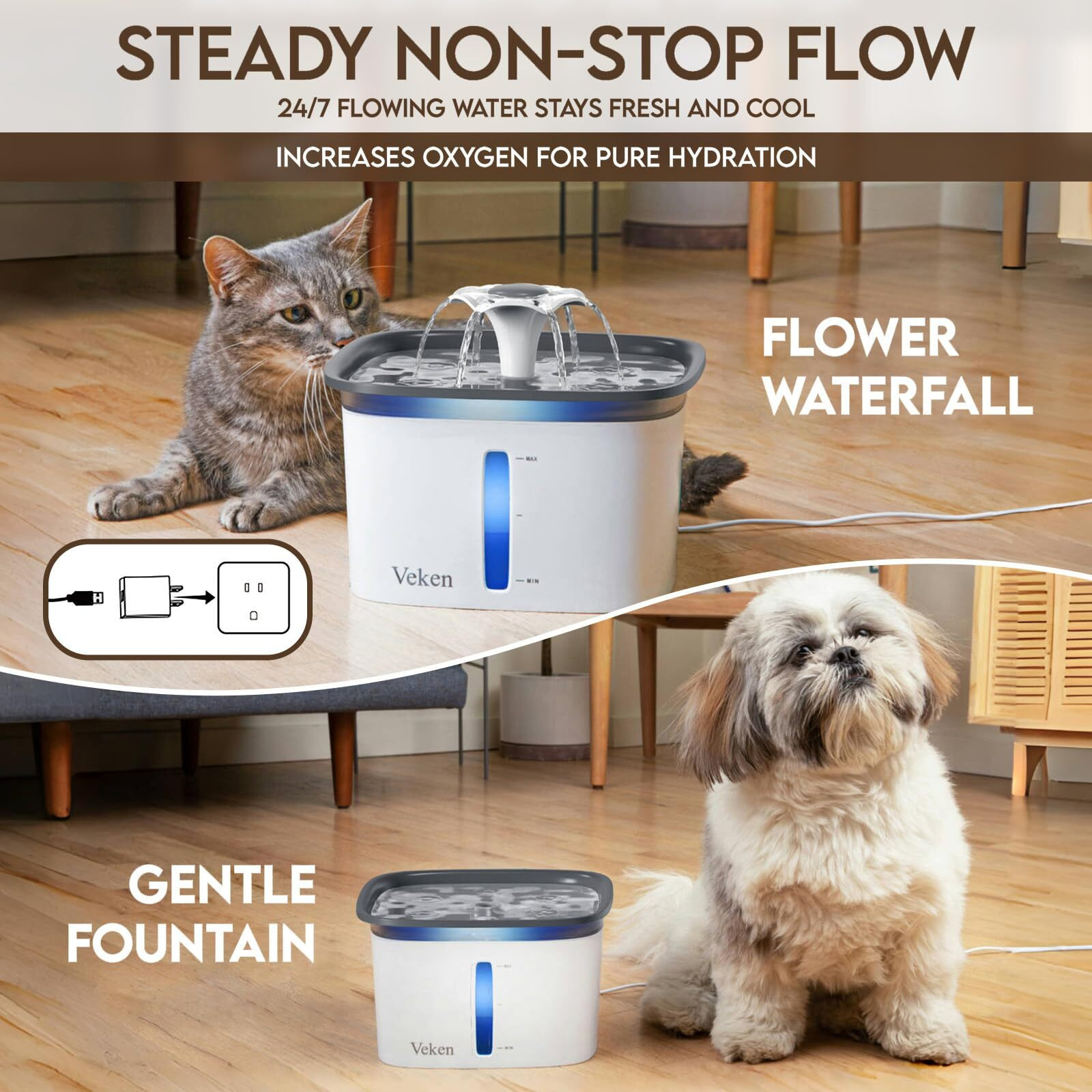 Veken 95Oz/2.8L Pet Fountain, Automatic Cat Water Fountain Dog Water Dispenser With Replacement Filters For Cats, Dogs, Multiple Pets (Grey, Plastic)