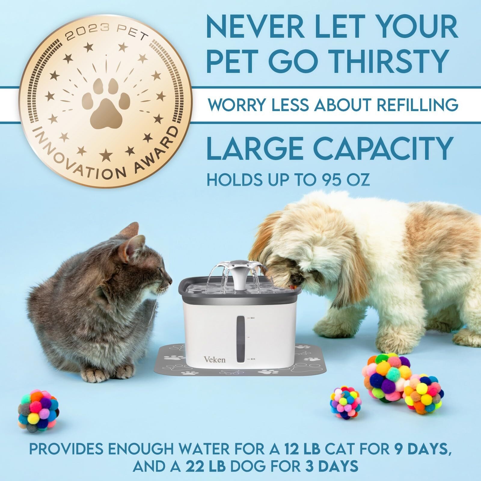 Veken 95Oz/2.8L Pet Fountain, Automatic Cat Water Fountain Dog Water Dispenser With Replacement Filters For Cats, Dogs, Multiple Pets (Grey, Plastic)