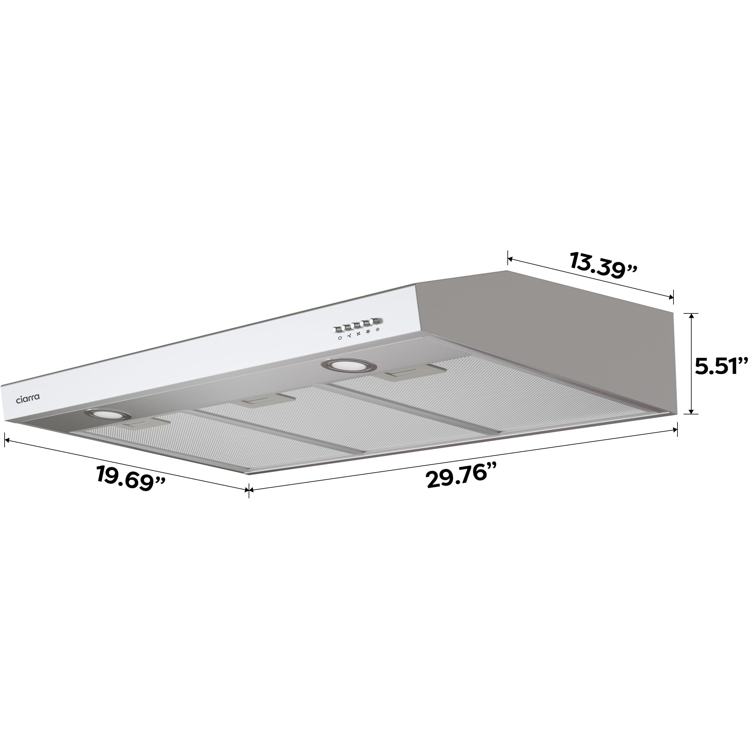 Ciarra Under Cabinet Range Hood 30 Inch Ductless Convertible Duct, Stove Vent Hood For Kitchen With 3-Speed Exhaust Fan In Stainless Steel