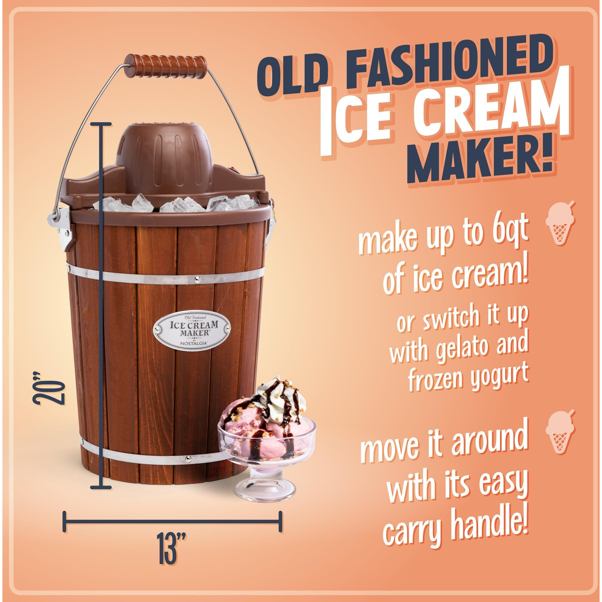 Nostalgia Electric Ice Cream Maker - Old Fashioned Soft Serve Ice Cream Machine Makes Frozen Yogurt Or Gelato In Minutes - Fun Kitchen Appliance - Vintage Wooden Style - Dark Wood - 6 Quart