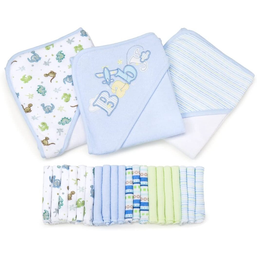 Spasilk Bath Hooded Towels & Washcloths Set For Babies, 23-Piece Gift Set, Blue