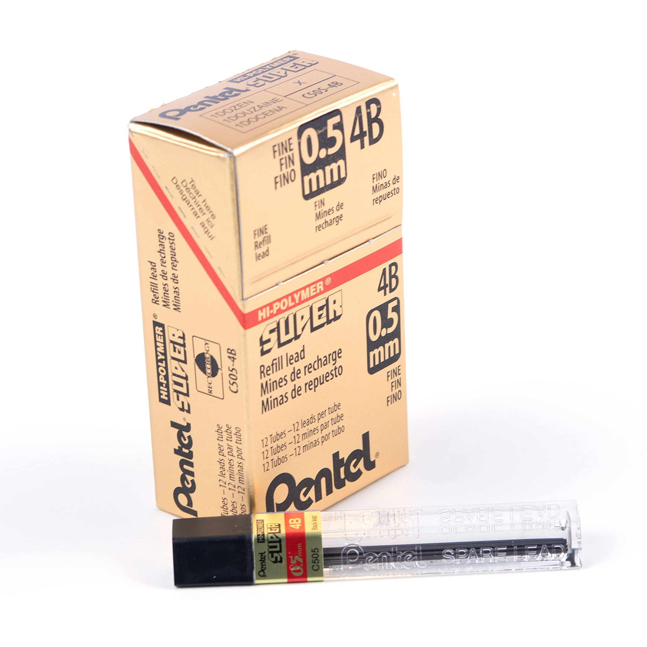 Pentel Super Hi-Polymer Lead Refill, 0.5Mm, Fine, 4B, 144 Pieces Of Lead (C505-4B),Gray