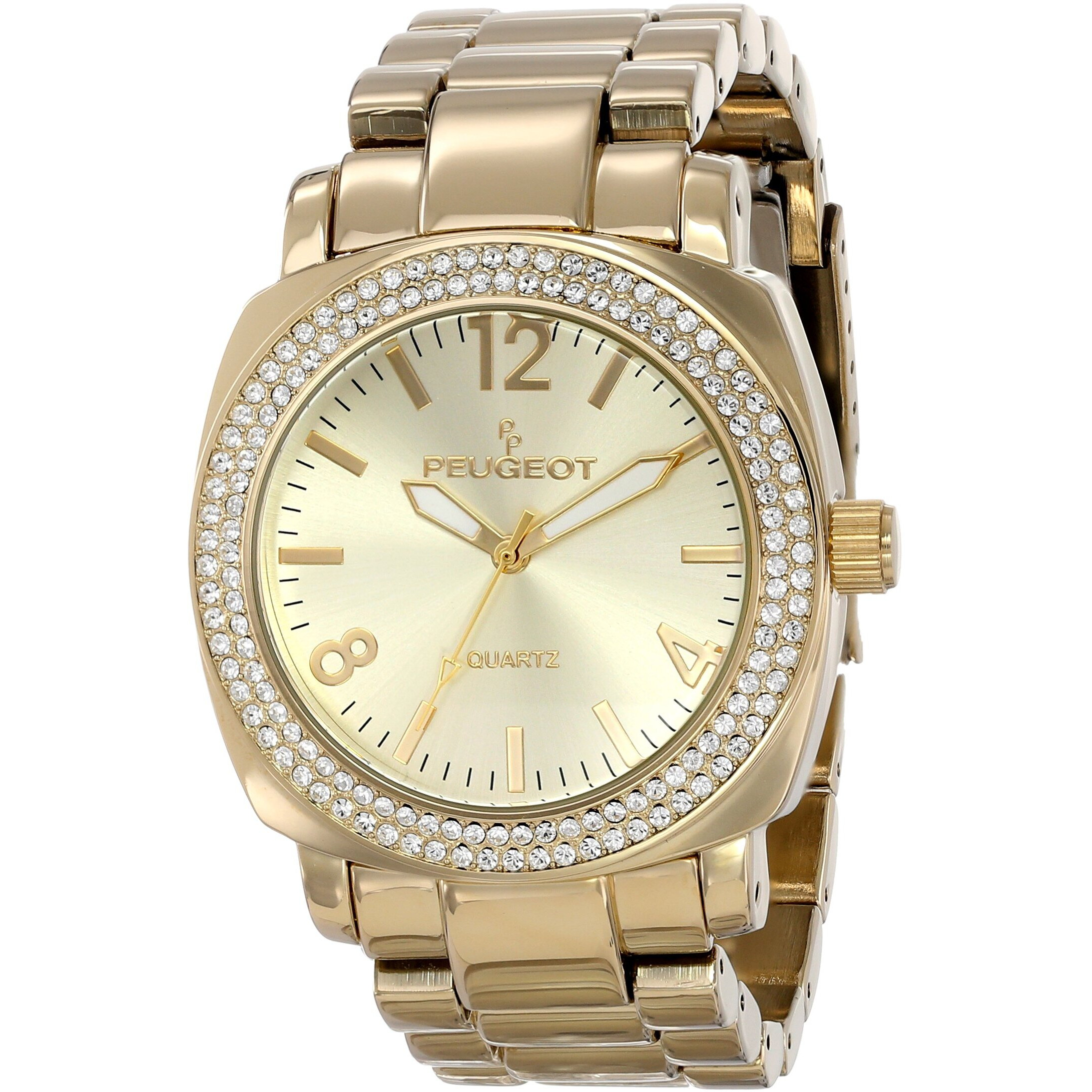 Peugeot Women's Boyfriend Oversized Watch With Swarovski Crystal Studded Bezel And Metal Link Bracelet