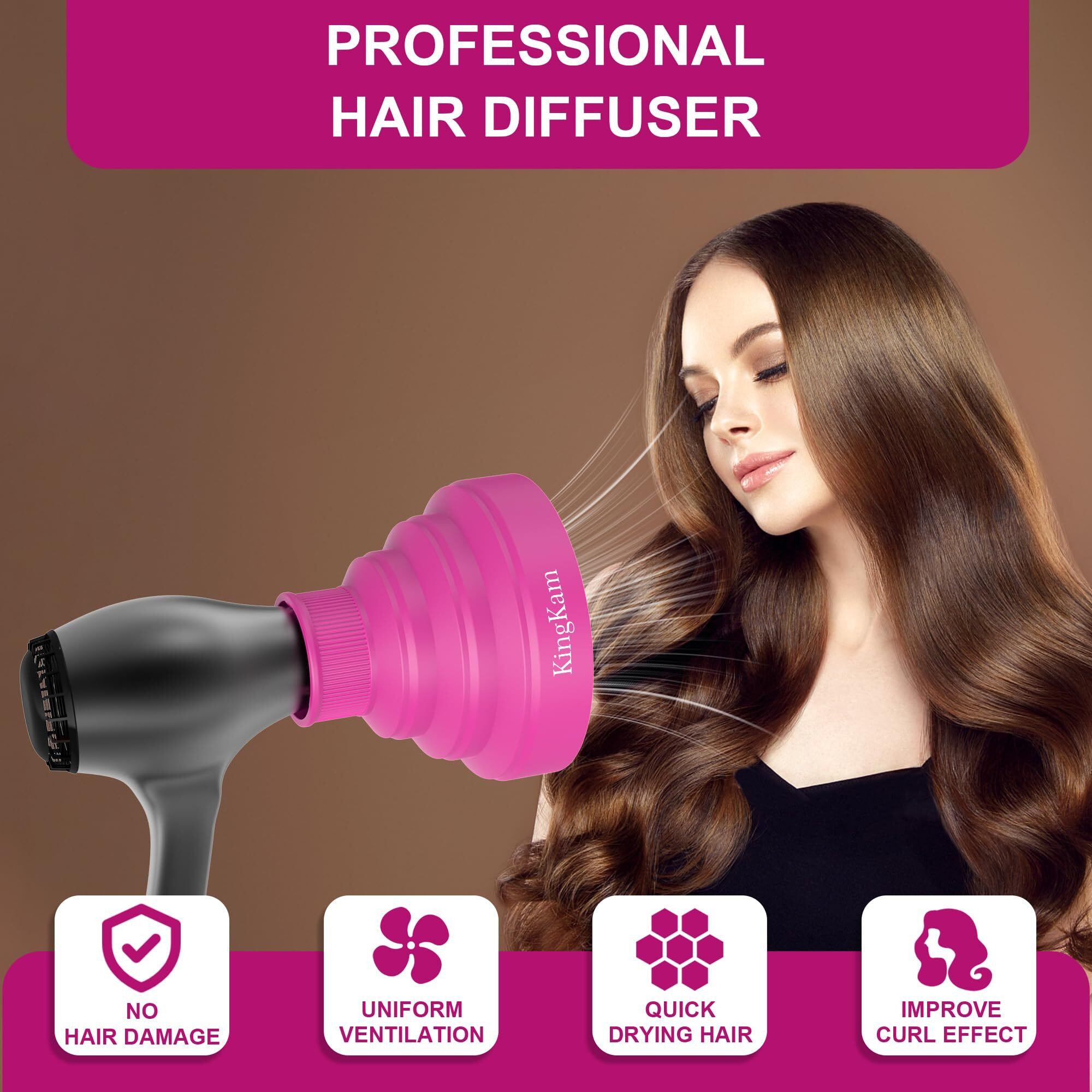 Collapsible Silicone Hair Dryer Diffuser - Travel And Easy Storage - Fit Nozzle Diameter D-1.575Inch To 1.968 Inch (4-5Cm) Kingkam-Pink