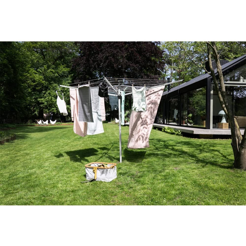 Brabantia Lift-O-Matic Outdoor 4 Arm Clothesline (197 Ft/ 1.8"") Height Adjustable, Folding Clothes Drying Rack + Ground Spike & Cover (Gray)