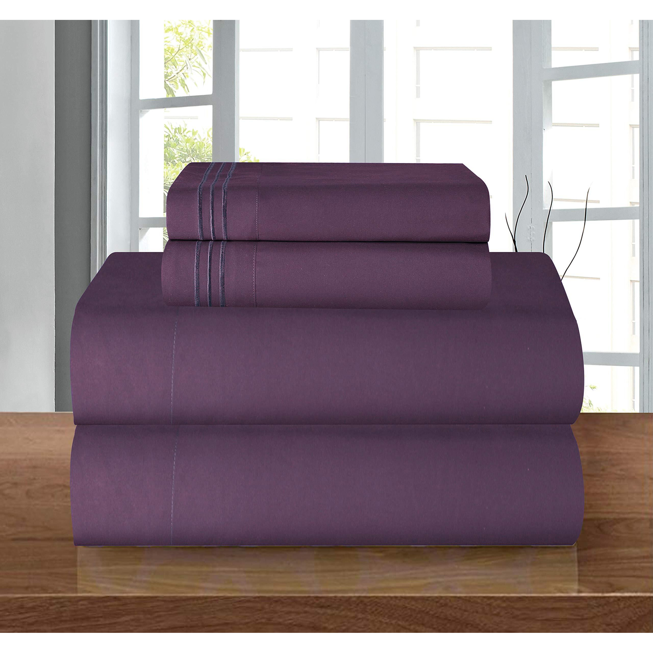 Elegant Comfort Luxury Soft 1500 Premier Egyptian 4-Piece Premium Hotel Quality Wrinkle Resistant Coziest Bedding Set, All Around Elastic Fitted Sheet, Deep Pocket Up To 16Inch, Full, Purple