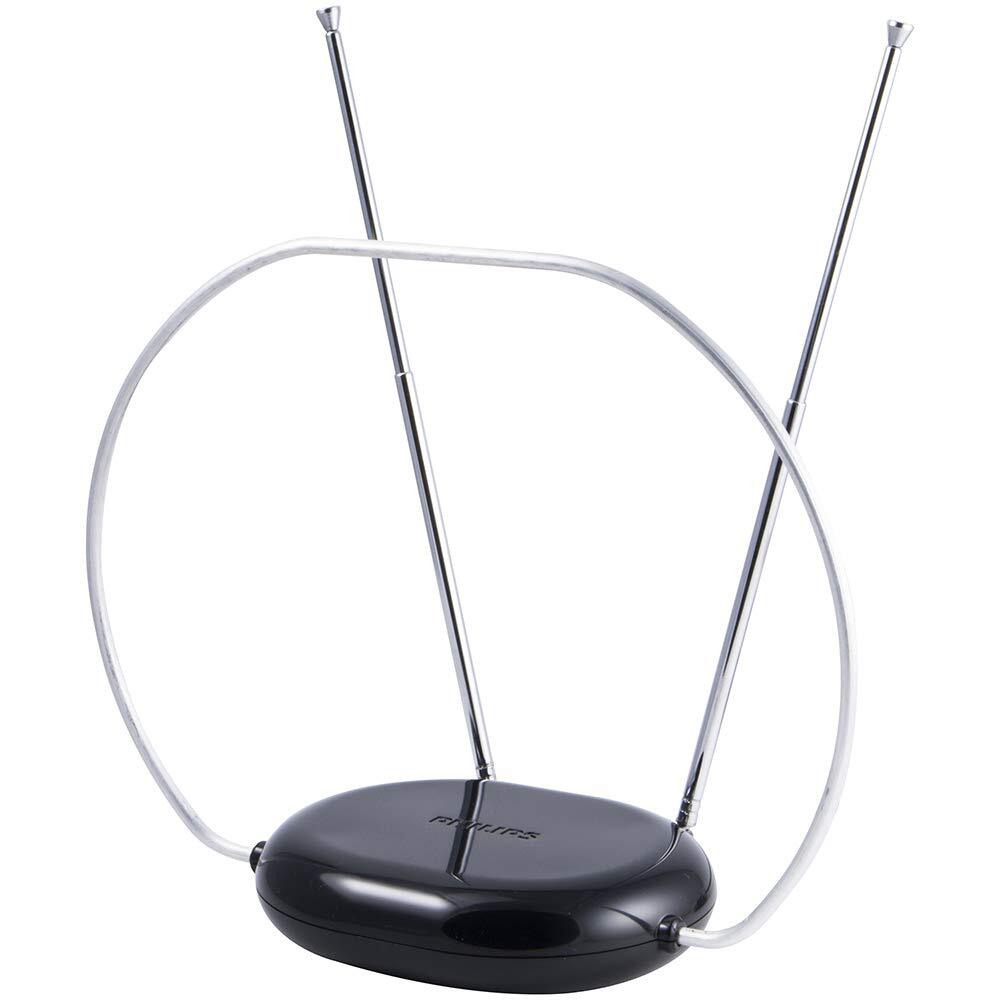Philips Rabbit Ears Black Indoor Tv Antenna, Dipoles And Circular Loop, Tabletop Antenna, Digital, Smart Tv Compatible, Hdtv Antenna, 4K 1080P Vhf Uhf, 5Ft Coaxial Cable, Sdv8201B/27