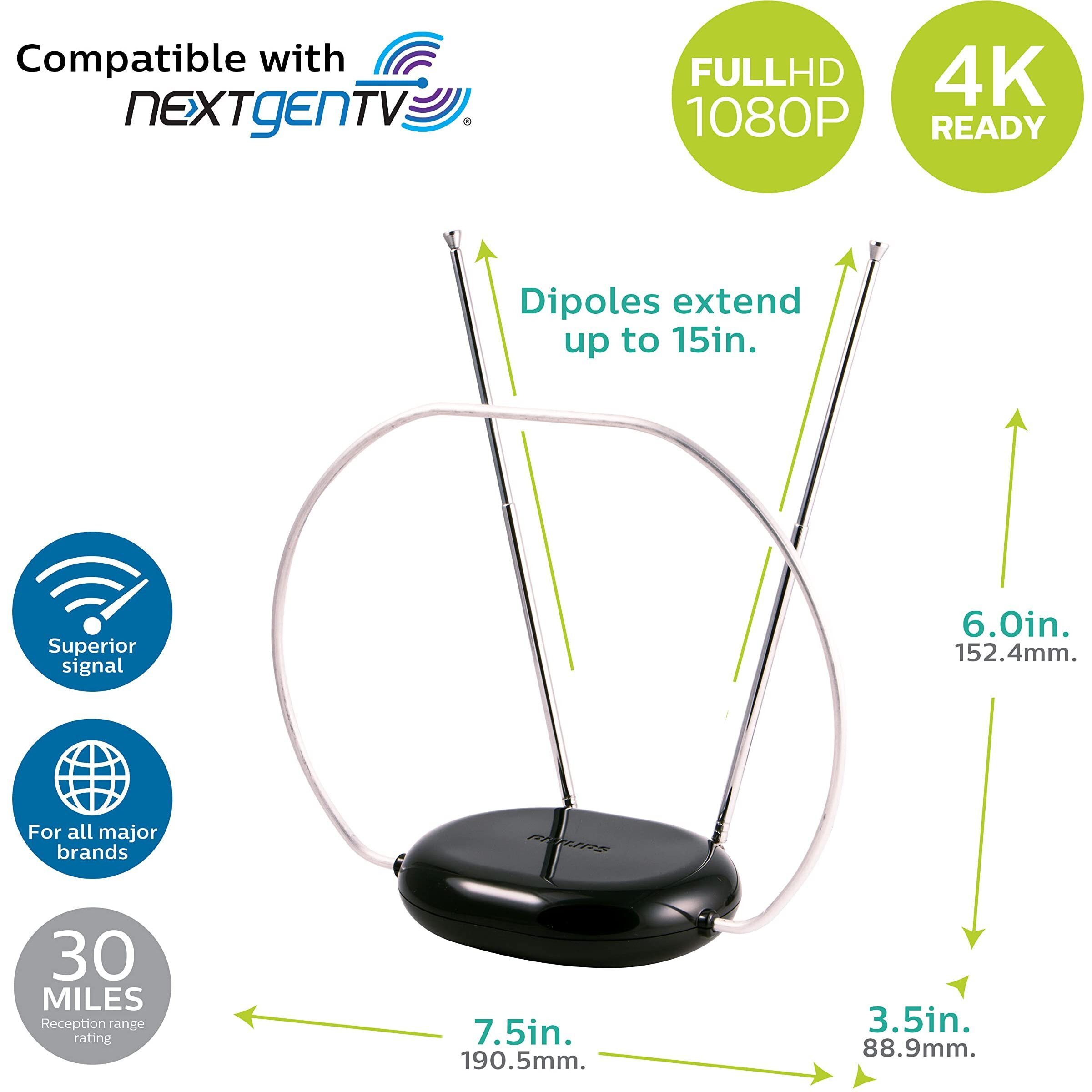 Philips Rabbit Ears Black Indoor Tv Antenna, Dipoles And Circular Loop, Tabletop Antenna, Digital, Smart Tv Compatible, Hdtv Antenna, 4K 1080P Vhf Uhf, 5Ft Coaxial Cable, Sdv8201B/27
