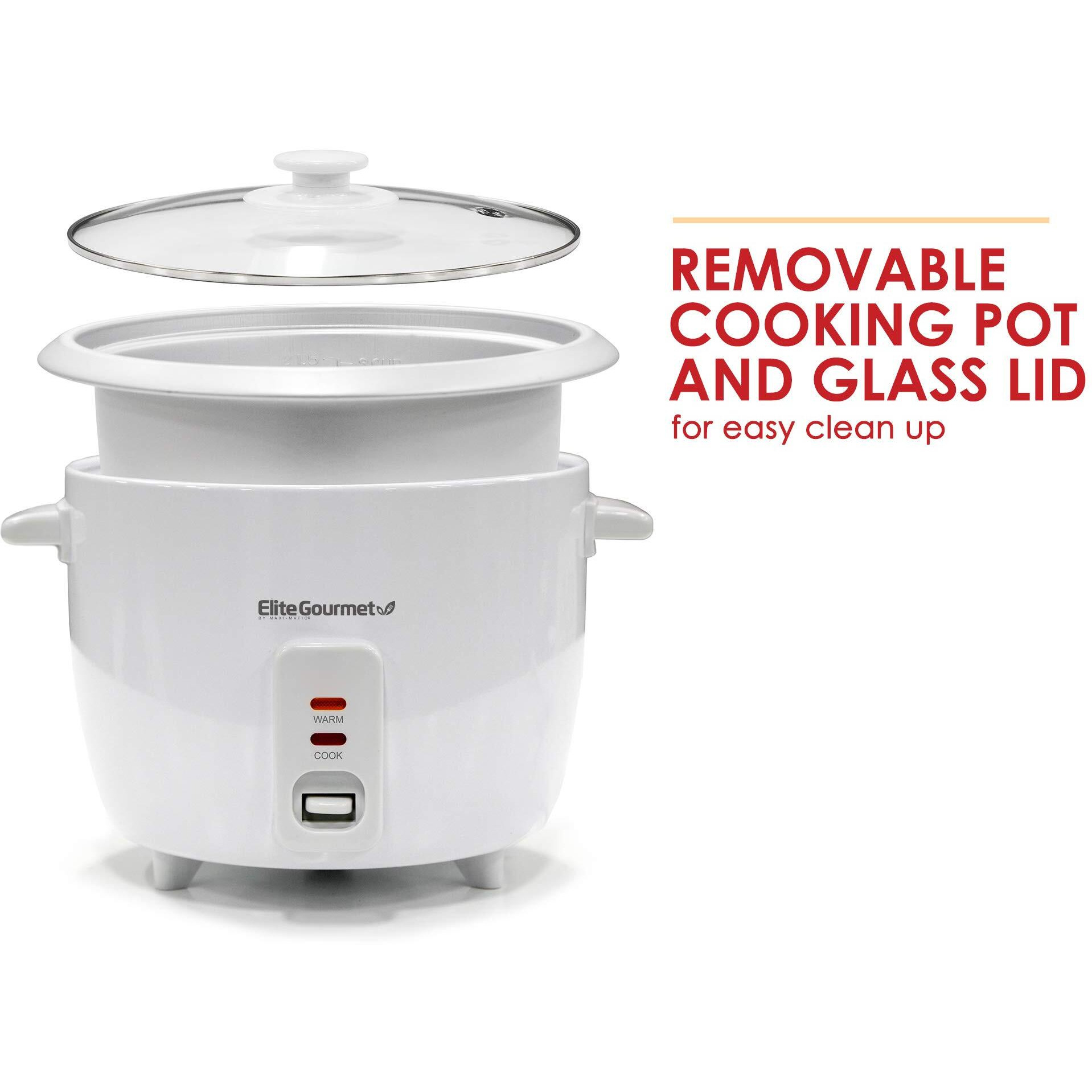 Elite Gourmet Erc-003 Electric Rice Cooker With Automatic Keep Warm Makes Soups, Stews, Grains, Hot Cereals, White, 6 Cups Cooked (3 Cups Uncooked)