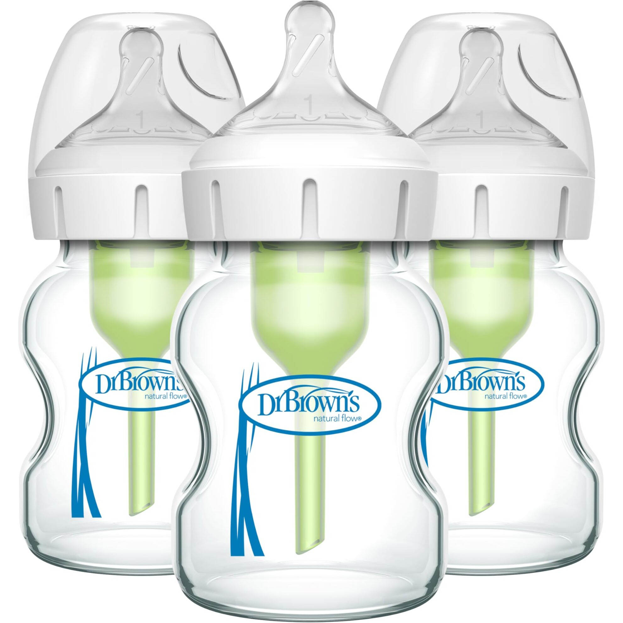 Dr. Brown's Natural Flow Anti-Colic Options+ Wide-Neck Glass Baby Bottles 5 Oz/150 Ml, With Level 1 Slow Flow Nipple, 3 Pack, 0M+