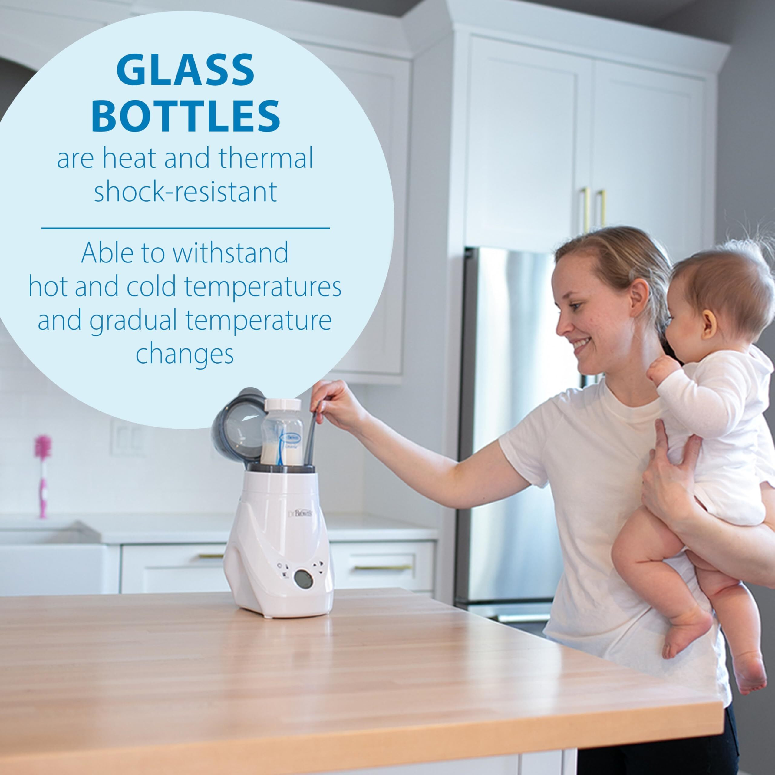 Dr. Brown's Natural Flow Anti-Colic Options+ Wide-Neck Glass Baby Bottles 5 Oz/150 Ml, With Level 1 Slow Flow Nipple, 3 Pack, 0M+