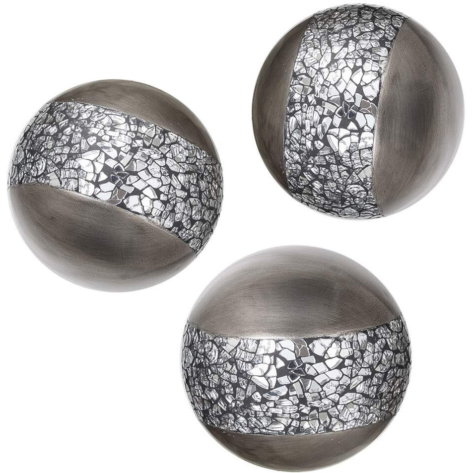 Creative Scents Schonwerk Silver Decorative Orbs For Bowls And Vases (Set Of 3) Resin Sphere Balls For Living, Dining Room, Coffee Table Centerpiece Decor - Great Gift Idea (Crackled Mosaic Design)