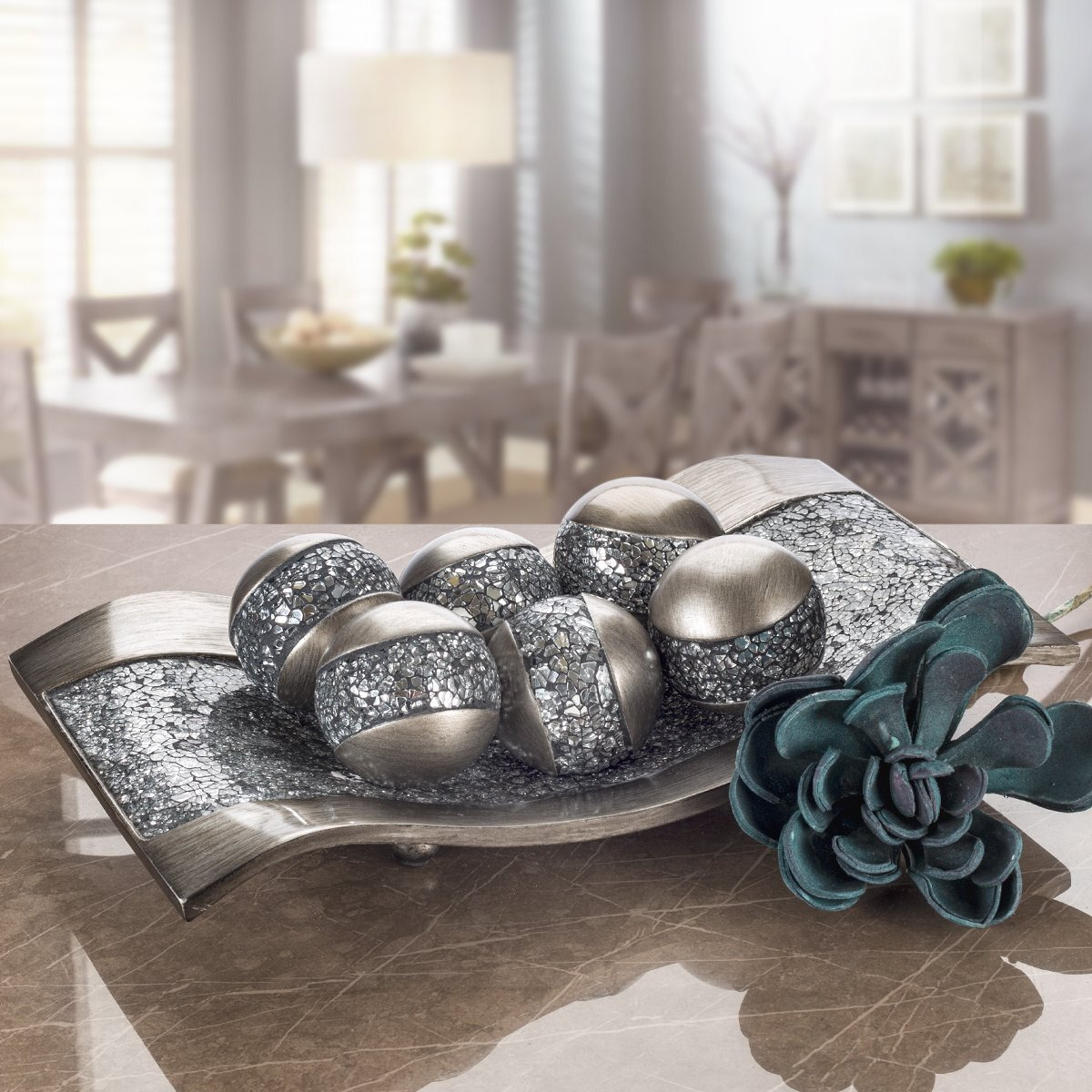Creative Scents Schonwerk Silver Decorative Orbs For Bowls And Vases (Set Of 3) Resin Sphere Balls For Living, Dining Room, Coffee Table Centerpiece Decor - Great Gift Idea (Crackled Mosaic Design)