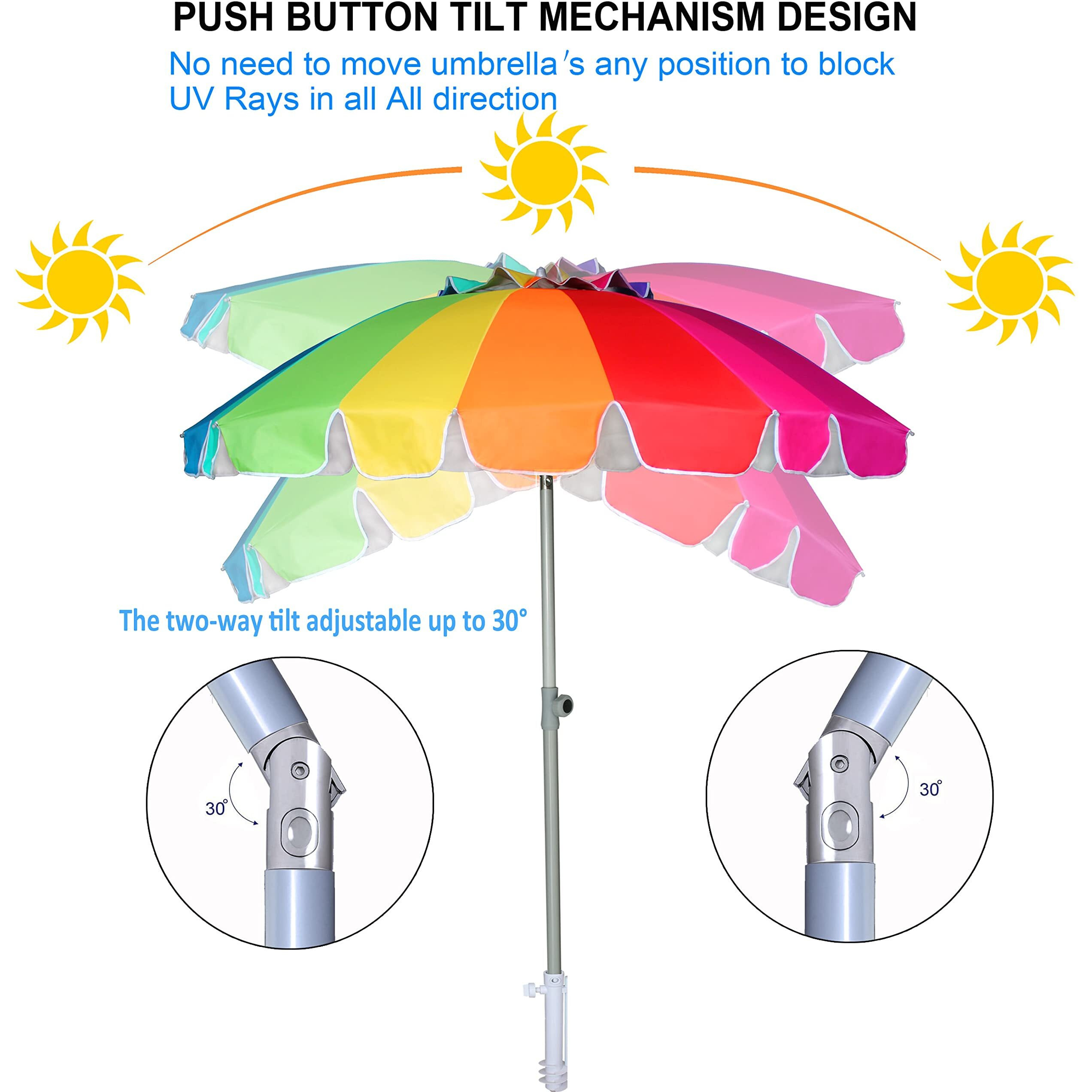 Ammsun 7.5Ft Heavy Duty High Wind Beach Umbrella With Sand Anchor & Tilt Sun Shelter, Uv 50+ Protection Outdoor Umbrellas Sunshade With Carry Bag For Patio Garden Pool Backyard Rainbow