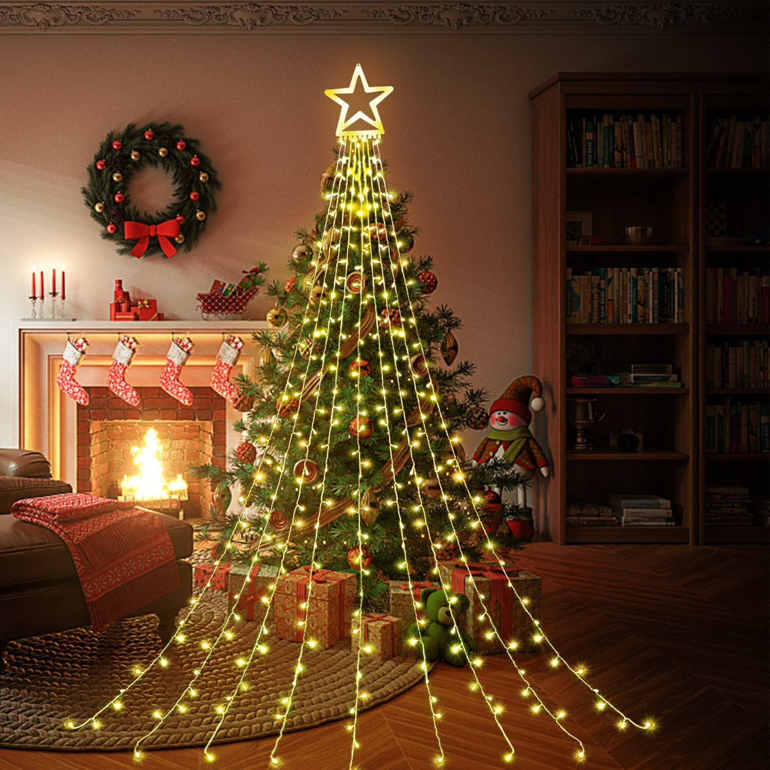 (New) Outdoor Christmas Lights, 320 Leds Outdoor Christmas Decoration Lights With 12"" Plastic Star Tree Topper, 8 Modes Outdoor String Lights For New Year, Yard, Party, Garden, Holiday (Warm White)