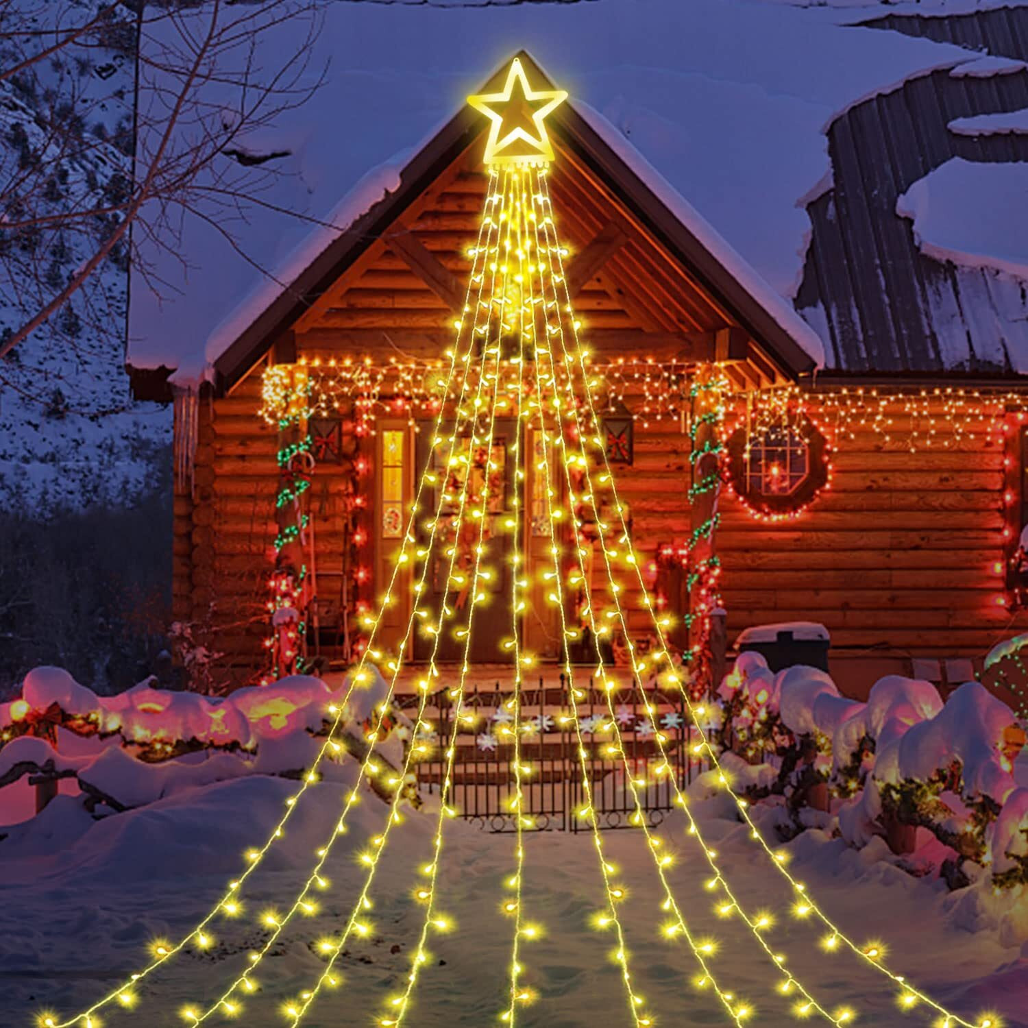 (New) Outdoor Christmas Lights, 320 Leds Outdoor Christmas Decoration Lights With 12"" Plastic Star Tree Topper, 8 Modes Outdoor String Lights For New Year, Yard, Party, Garden, Holiday (Warm White)