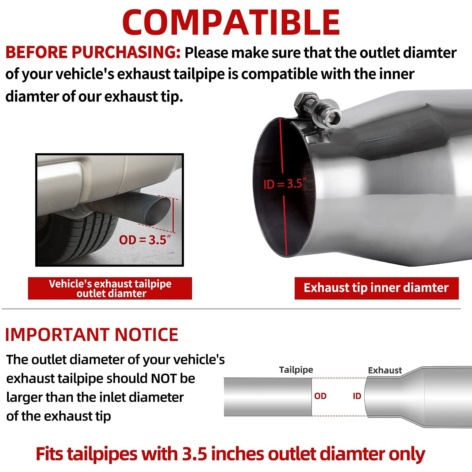 Autosaver88 3.5 Inch Inlet Black Exhaust Tip, 3.5"" Inlet 5"" Outlet 12"" Overall Length Stainless Steel Exhaust Tips Chrome-Plated Finish Tailpipe