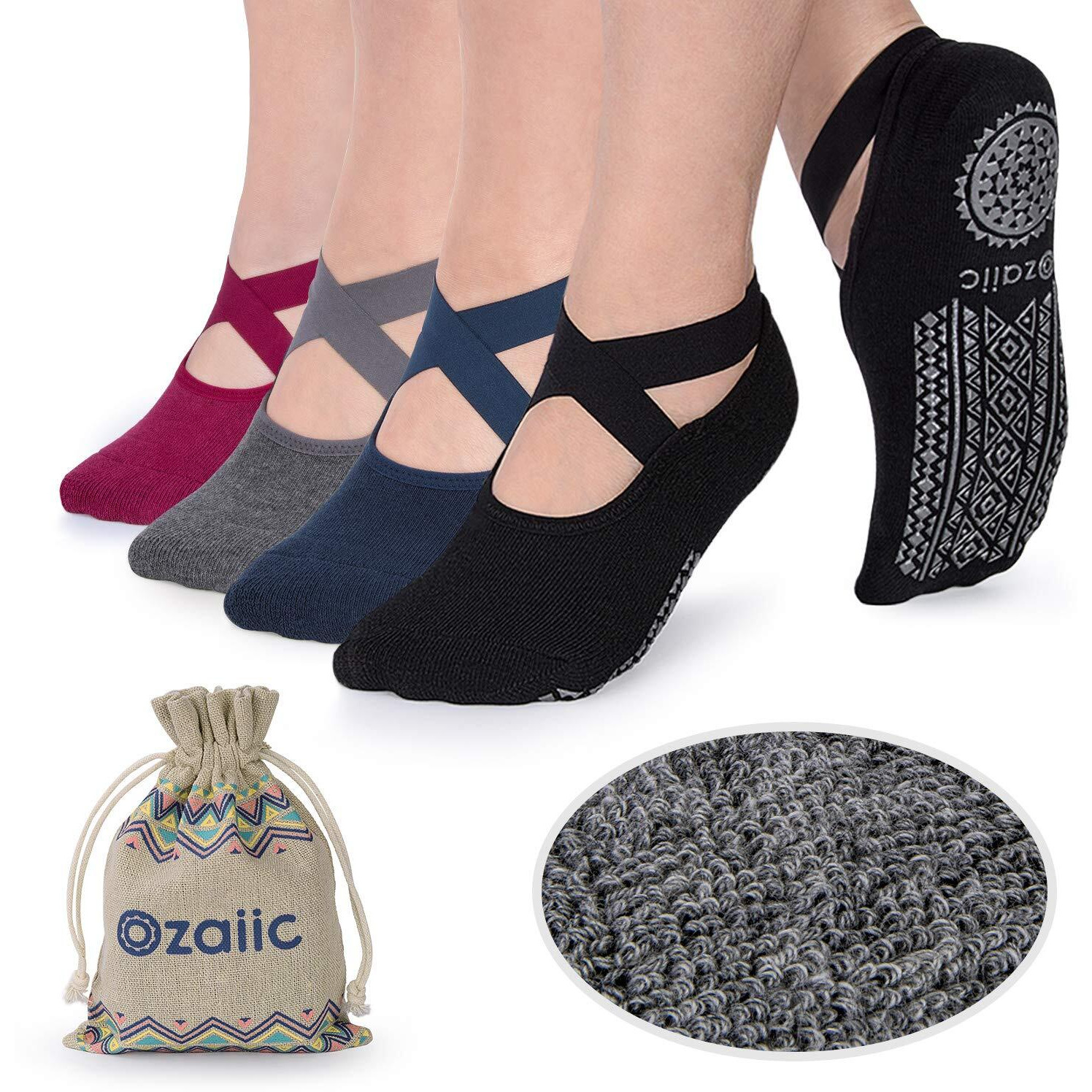 Ozaiic Non Slip Socks For Yoga Pilates Barre Fitness Hospital Socks For Women (4 Pairs - Black/Navy/D.Gray/Burgundy)