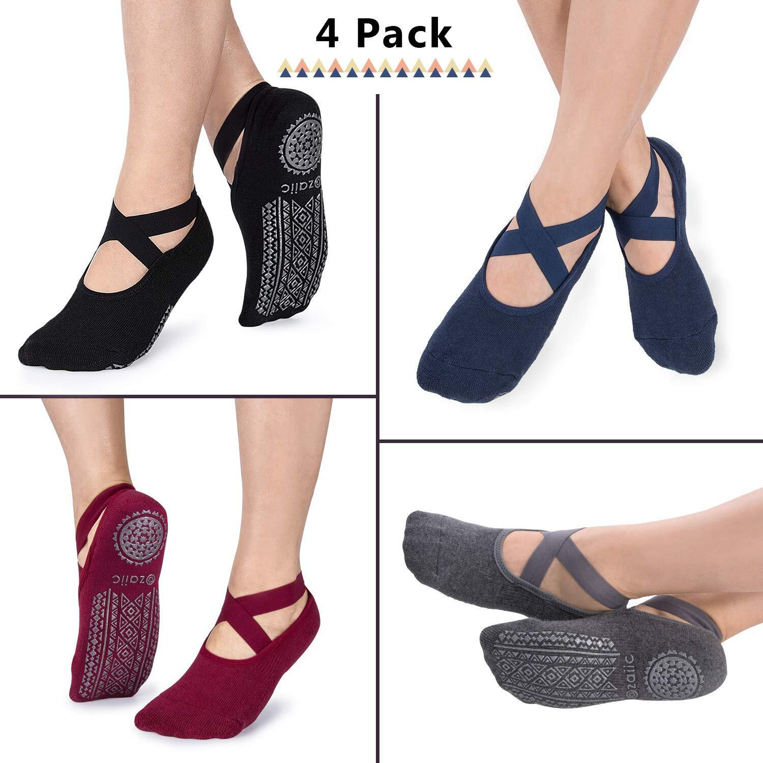 Ozaiic Non Slip Socks For Yoga Pilates Barre Fitness Hospital Socks For Women (4 Pairs - Black/Navy/D.Gray/Burgundy)