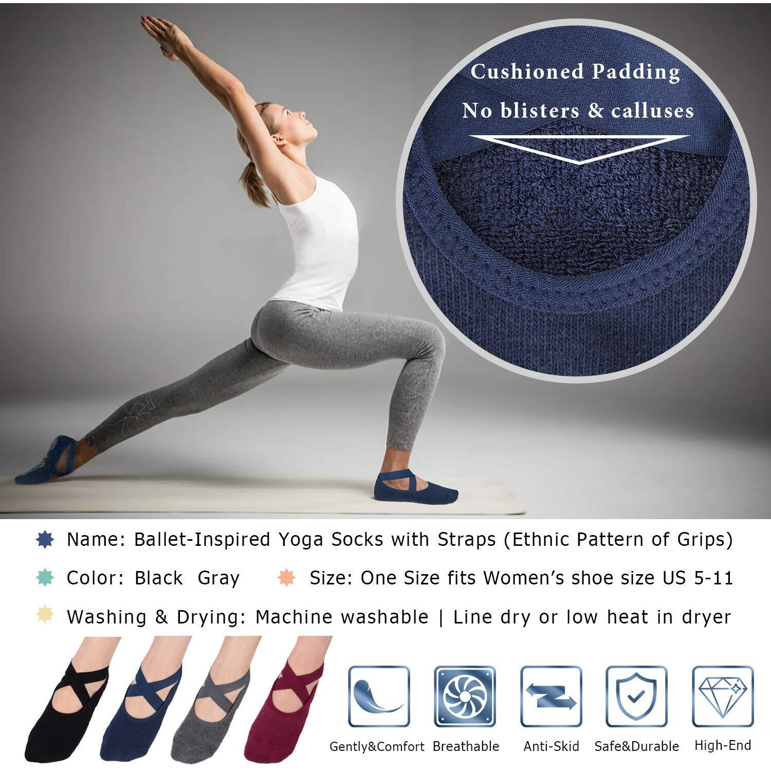 Ozaiic Non Slip Socks For Yoga Pilates Barre Fitness Hospital Socks For Women (4 Pairs - Black/Navy/D.Gray/Burgundy)