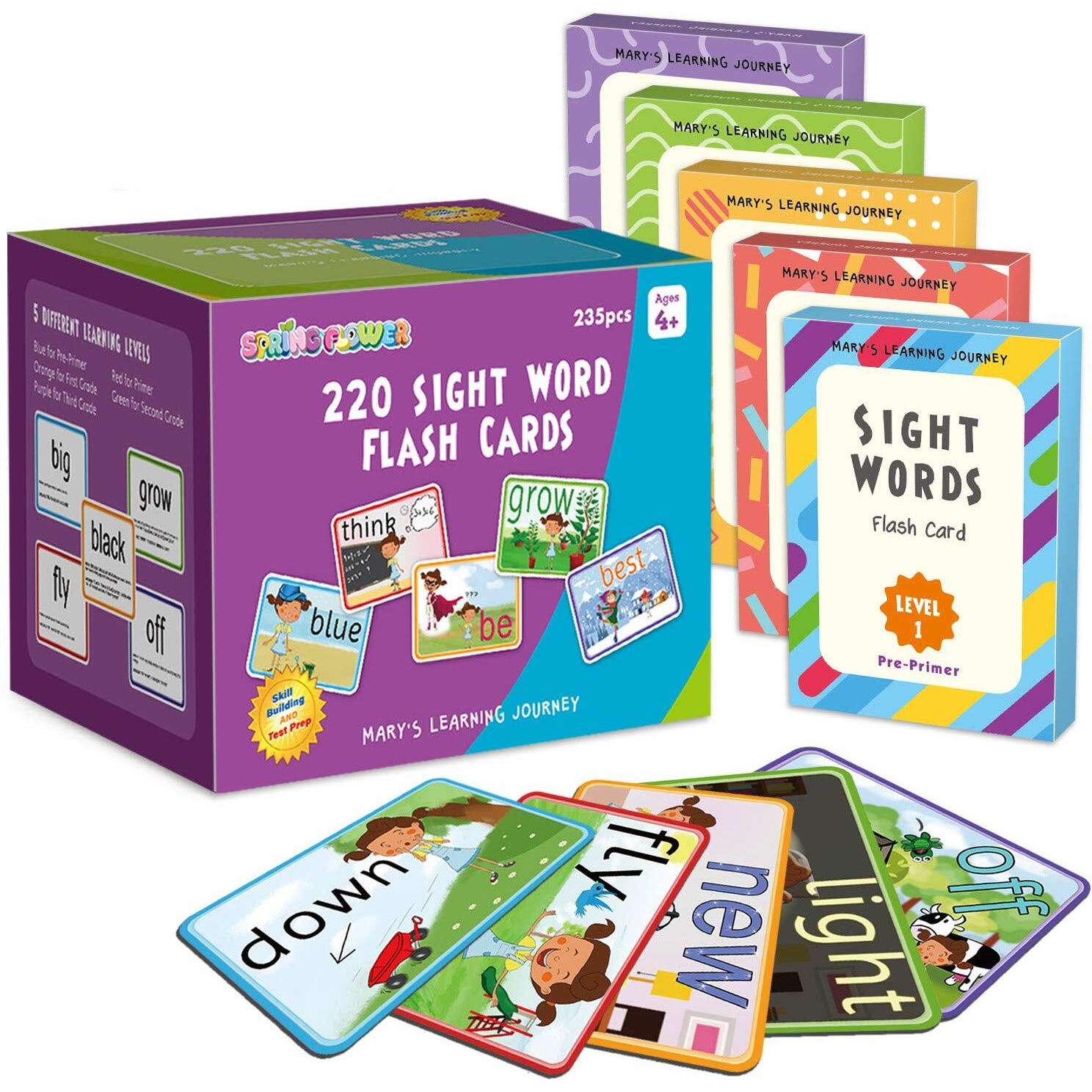 Springflower Sight Words Flash Cards With Pictures,Motions&Sentences, 220 Dolch Sight Words For Preschool, Kindergarten, 1St, 2Nd & 3Rd Grade.Homeschool, Learn To Read, Phonics Learning,235 Pieces