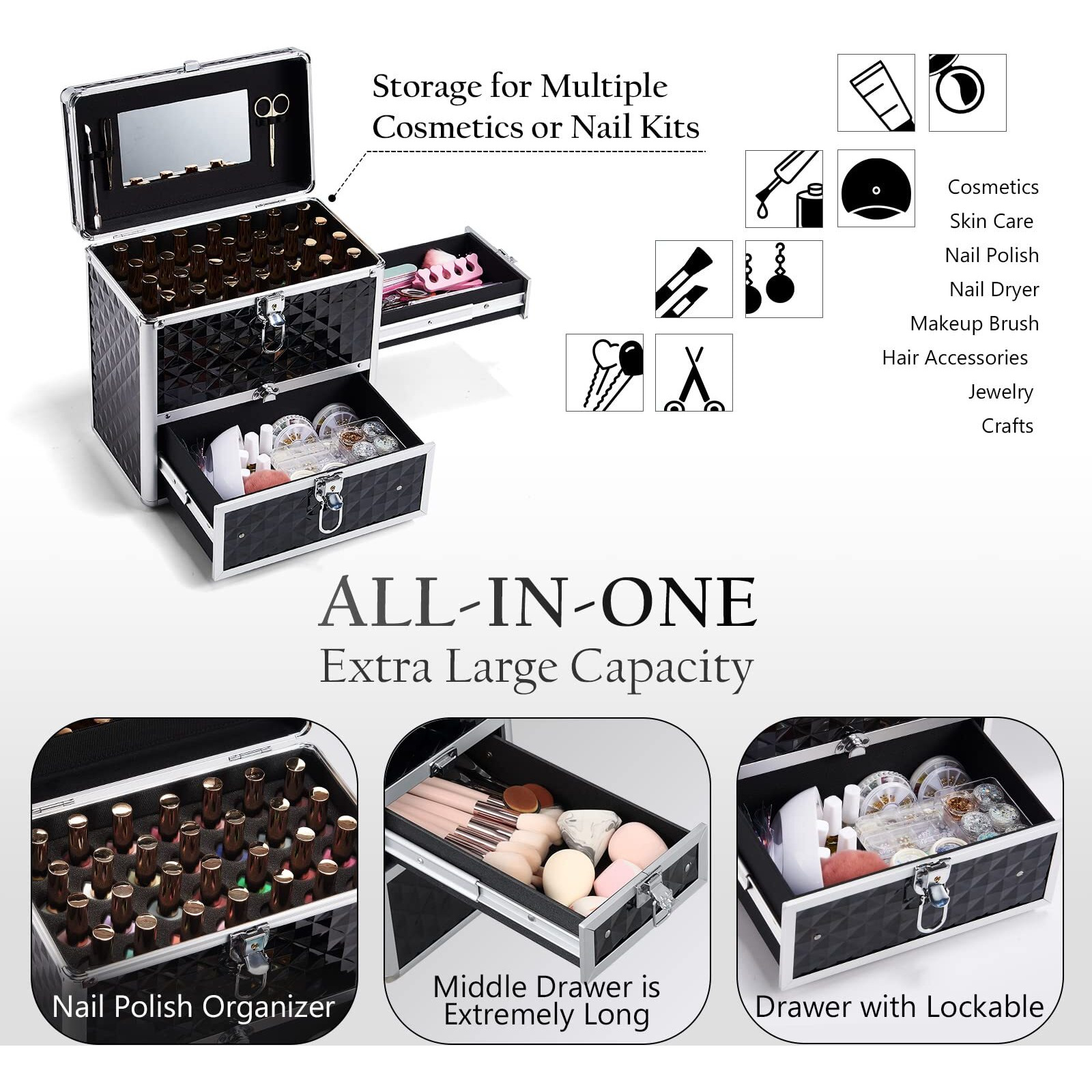Frenessa Nail Polish Makeup Train Case With Drawer And Dividers Manicure Organizer Accessory Storage Makeup Box With Mirror Lockable Keys Nail Kit Organizer Cosmetic Case Jewelry Box - Black