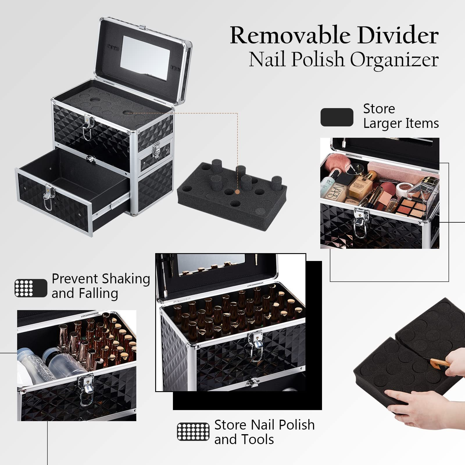 Frenessa Nail Polish Makeup Train Case With Drawer And Dividers Manicure Organizer Accessory Storage Makeup Box With Mirror Lockable Keys Nail Kit Organizer Cosmetic Case Jewelry Box - Black