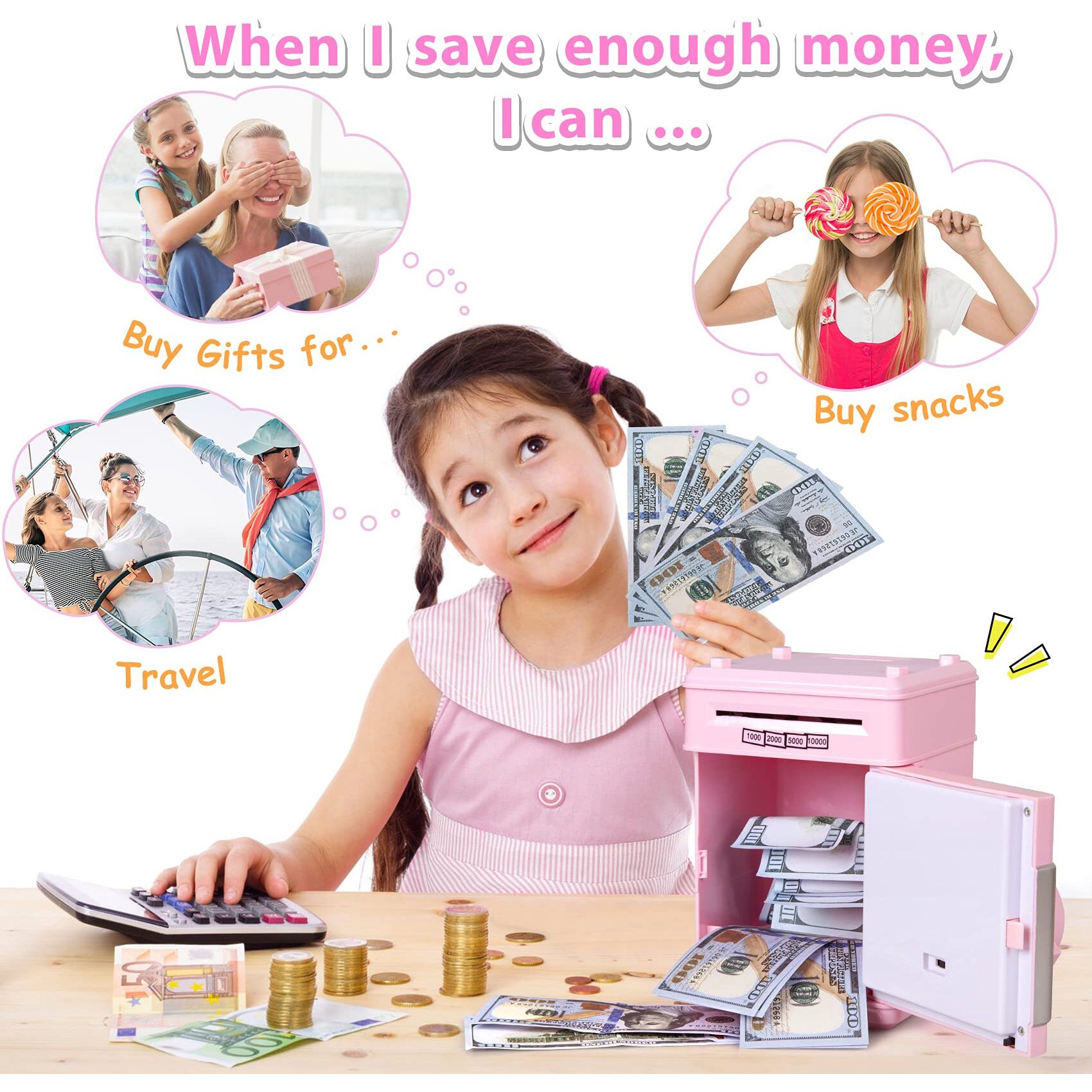 Kids Piggy Bank For Girls - Toys For 5 6 7 8 9 10 Year Old Girl Birthday Gifts - Electronic Piggy Bank Atm Machine Money Safe For Kids Toys Age 6-8-10