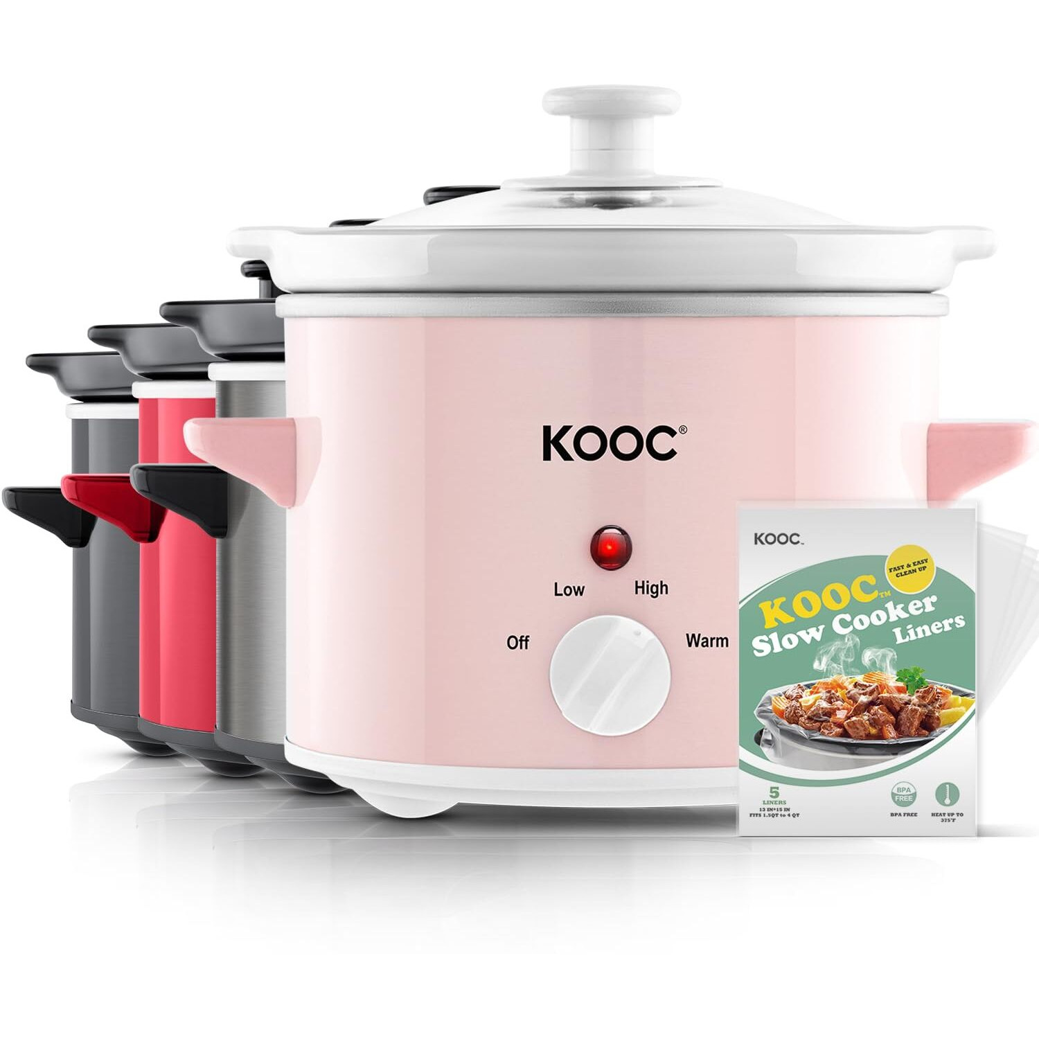 Kooc Small Slow Cooker, 2-Quart, Free Liners Included For Easy Clean-Up, Upgraded Ceramic Pot, Adjustable Temp, Nutrient Loss Reduction, Stainless Steel, Pink, Round