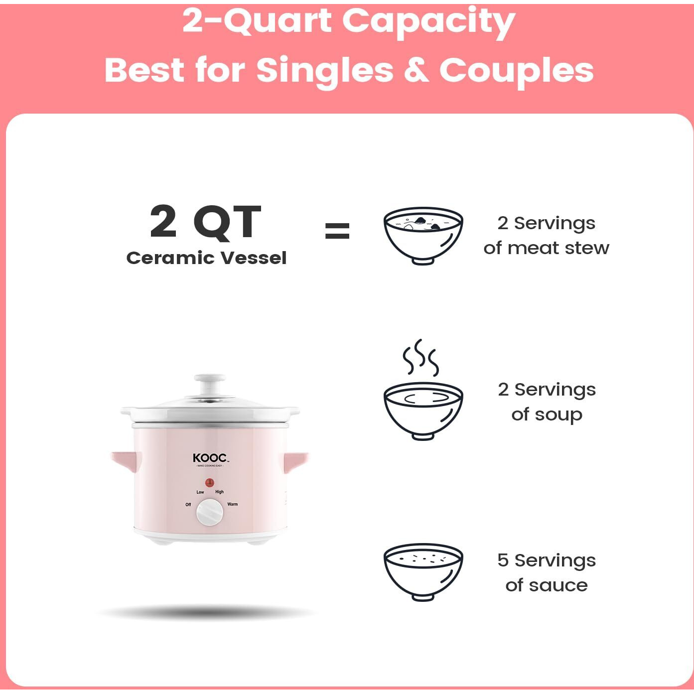 Kooc Small Slow Cooker, 2-Quart, Free Liners Included For Easy Clean-Up, Upgraded Ceramic Pot, Adjustable Temp, Nutrient Loss Reduction, Stainless Steel, Pink, Round