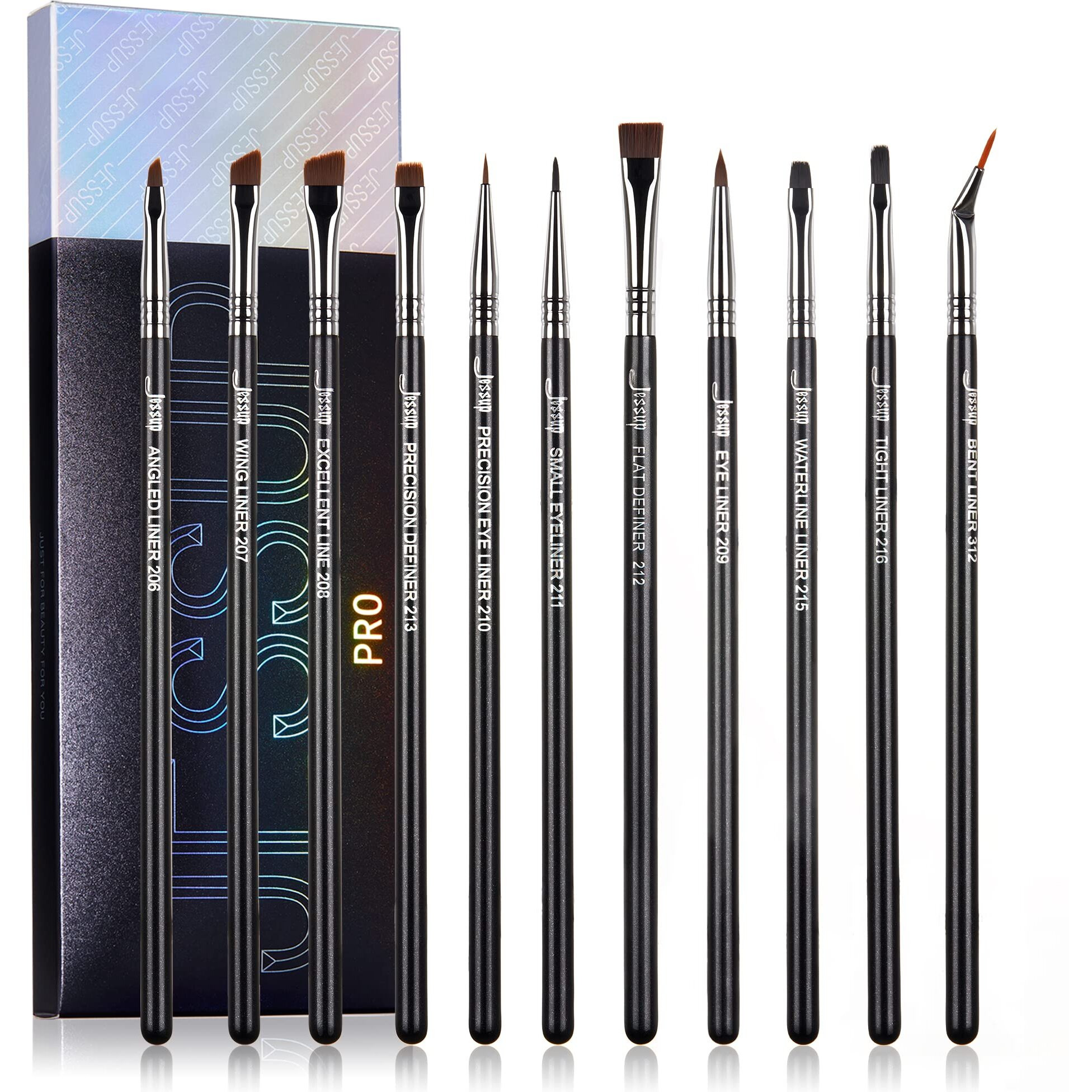 Jessup Eyeliner Brush Set, Professional Eye Liner Makeup Brushes 11Pcs, Angled Flat Definer Ultra Fine Bent Pencil Point Eyeliner Brushes For Precision Liner, T324