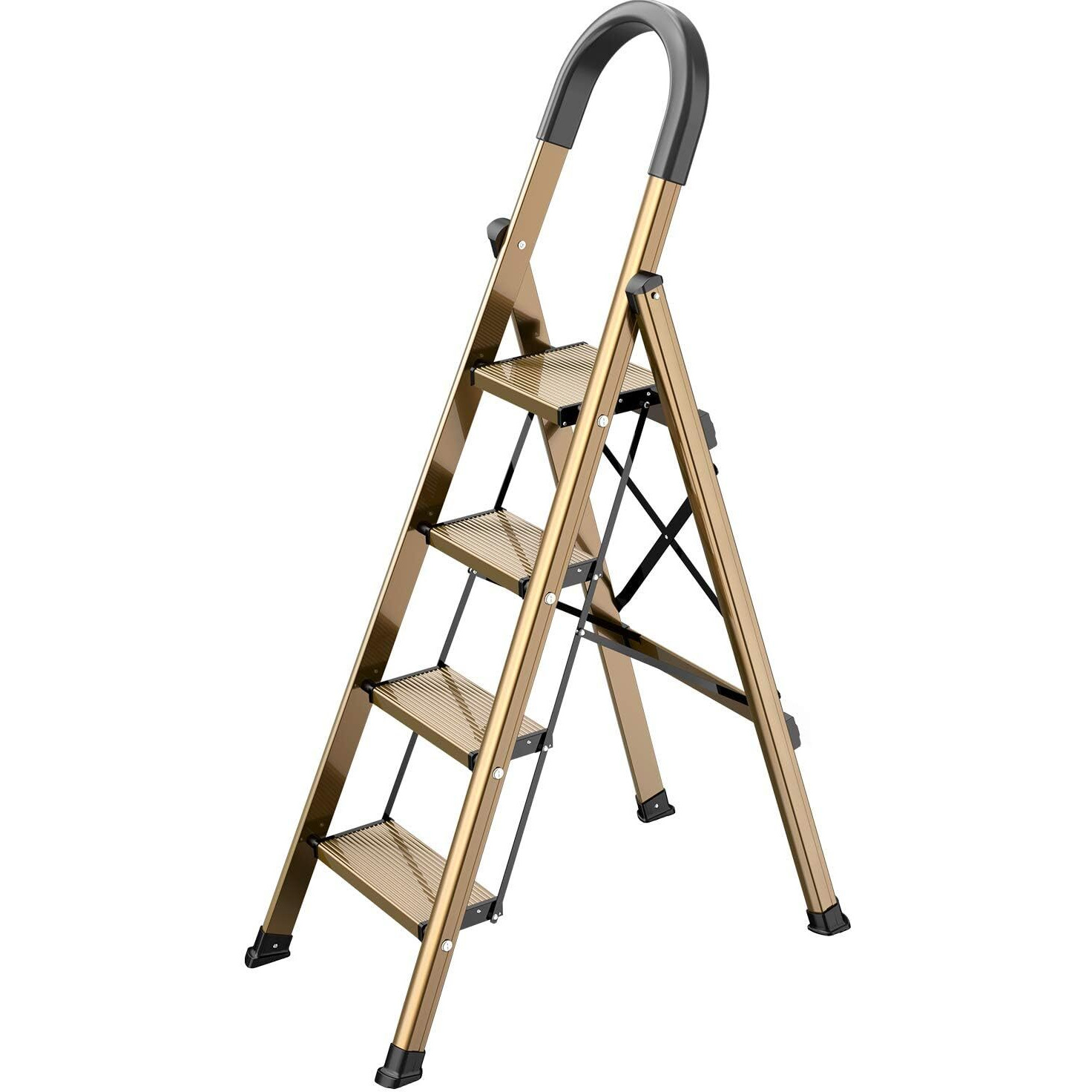 Gamegem Lightweight Aluminum 4 Step Ladder Folding Step Stool Stepladders With Anti-Slip And Wide Pedal For Home And Kitchen Use Space Saving (Brown Gold)